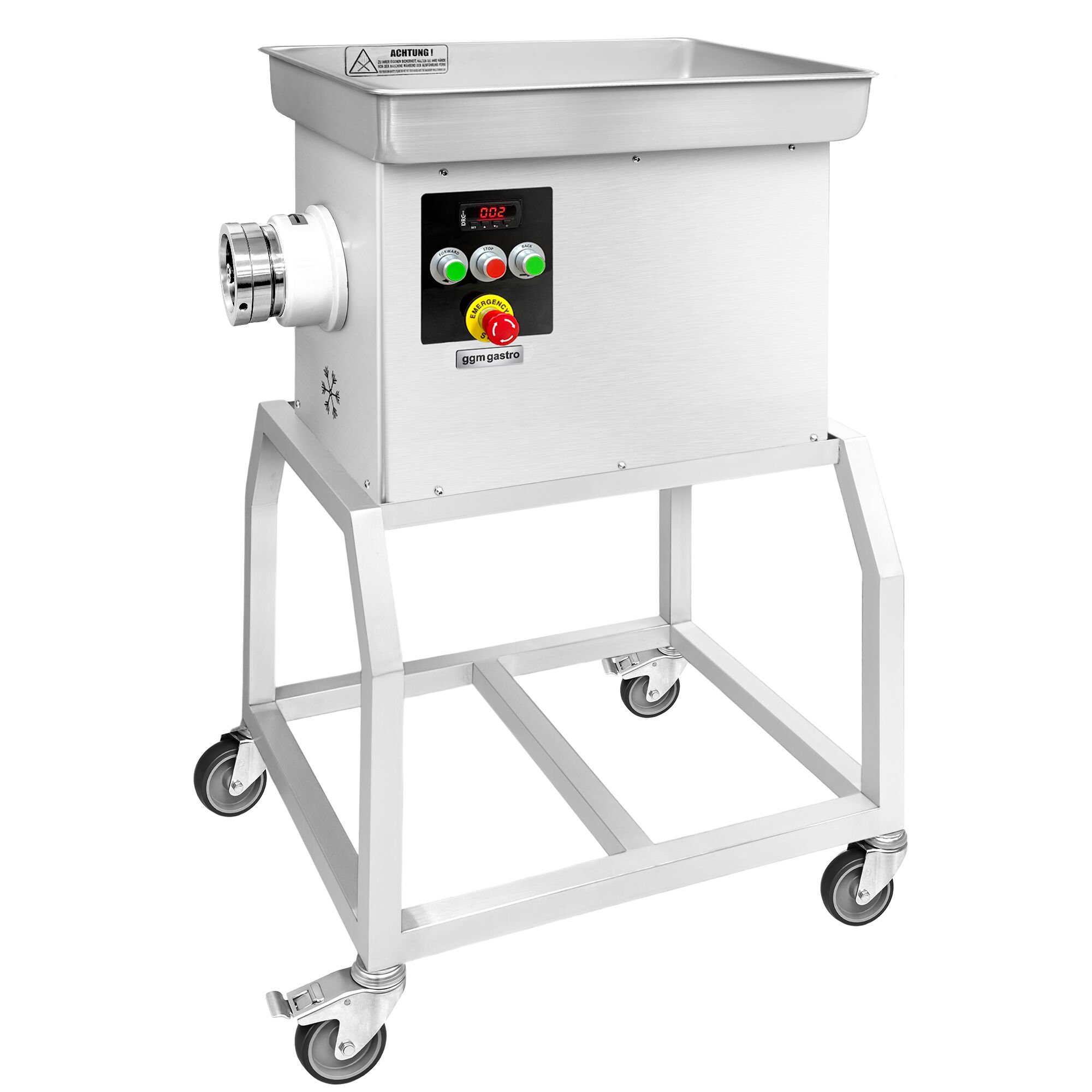 Heavy Duty Electric Meat Mincer Size 32 - 600kg/h - 3 kW - 236rpm - Mincing Plate 3.5mm - with Castors - with Cooling System