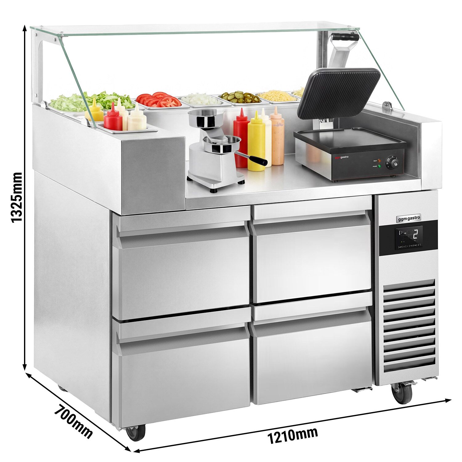 Table de préparation – 1210 mm – 4 tiroirs – pour 9 bacs GN 1/6 – incl. grill de contact & machine à hamburgers