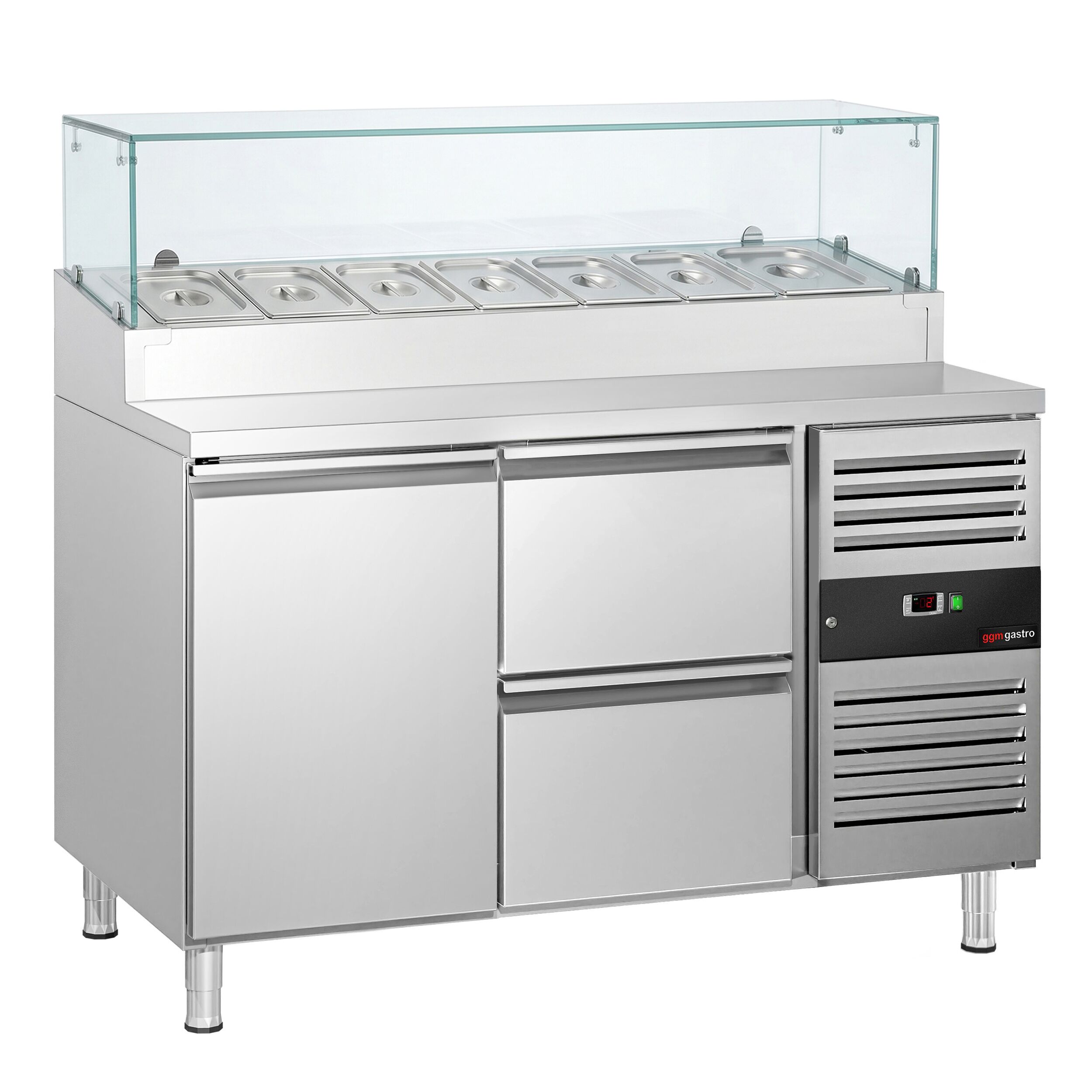 Zubereitungstisch PREMIUM - 1360mm - 1 Tür & 2 Schubladen - mit Glasaufsatz - für 7x GN 1/3