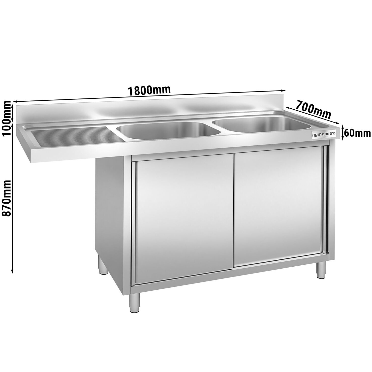 Plonge inox professionnelle PREMIUM - 1800x700mm - 2 bac(s) à droite - avec égouttoir à gauche - passage lave-vaisselle à droite