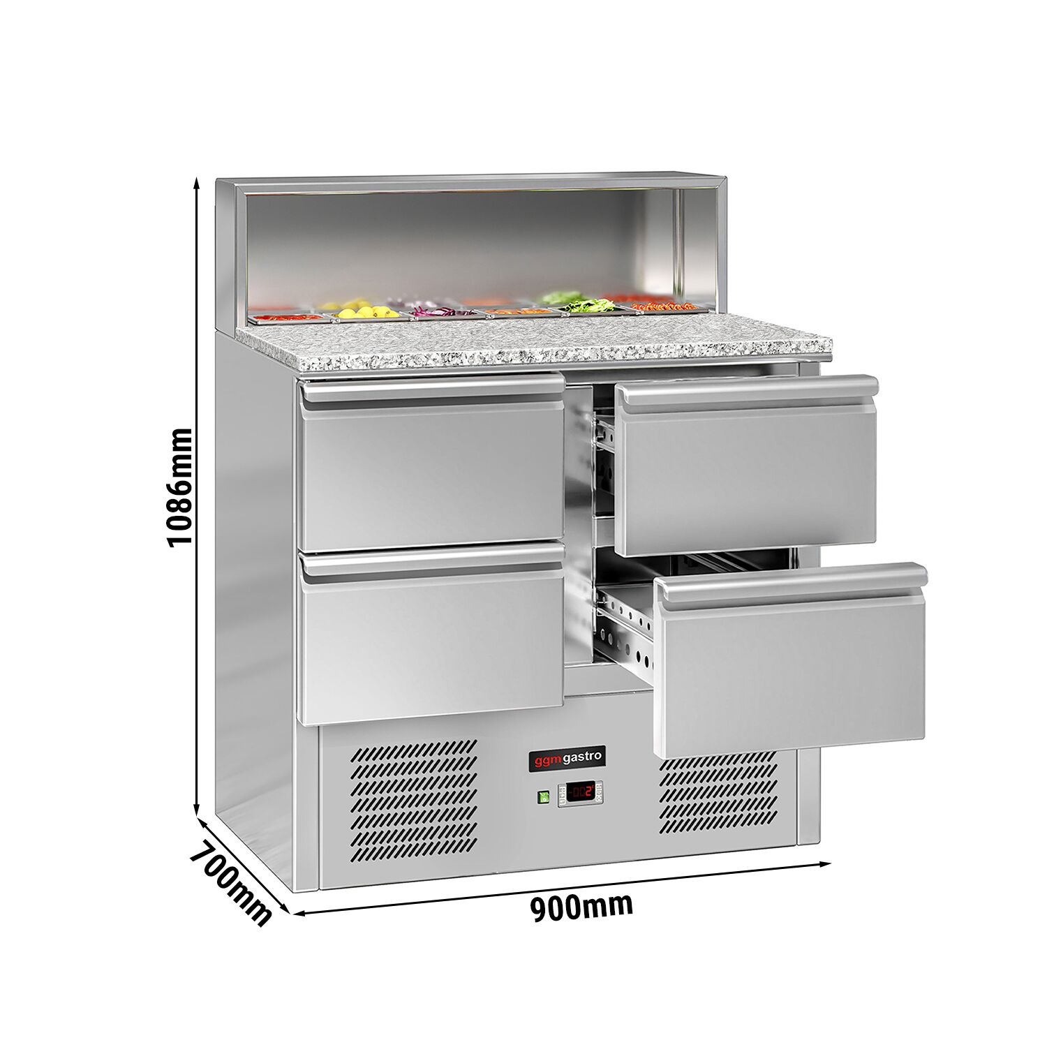 Saladette réfrigérée ECO - 903mm - 240L - façade noire - 4 tiroirs - avec découpe pour 5x GN 1/6 & Couvercle inox - plan de travail en granit noir