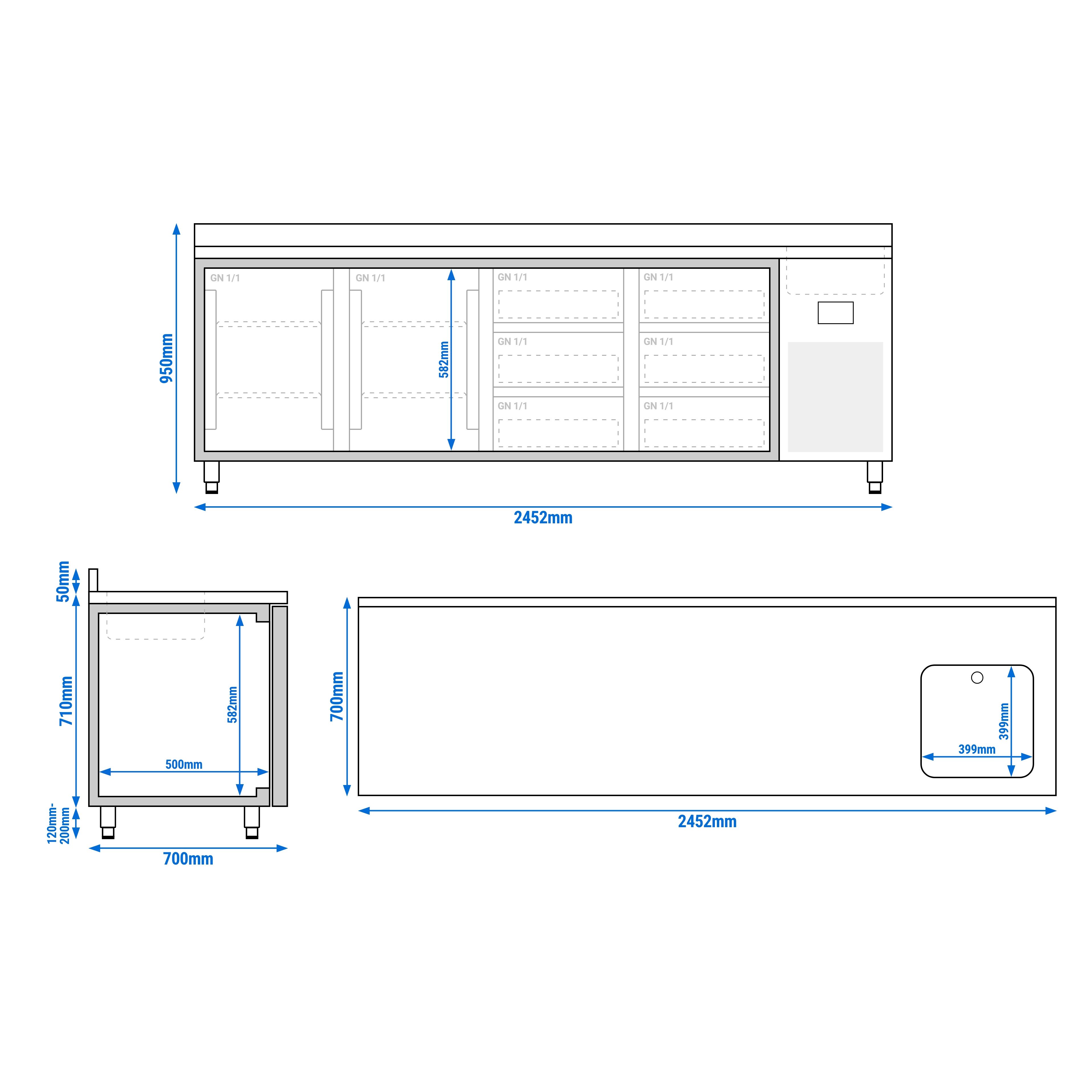Table réfrigérée Premium PLUS - 2452 x 700 mm - avec 1 bac, 2 portes, 6 tiroirs - dosseret