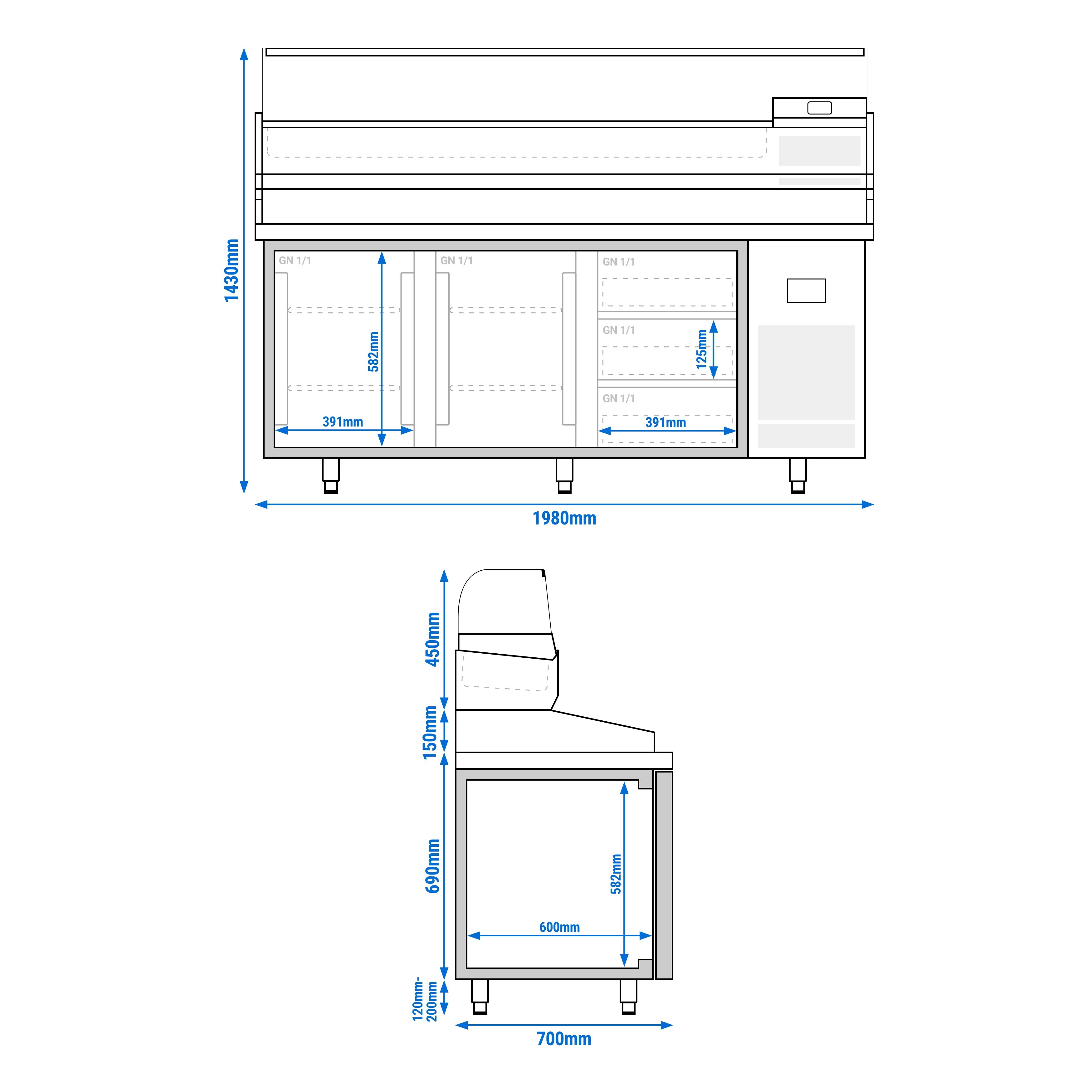 Table réfrigérée à pizza Premium PLUS - 1980x700 mm - avec 2 portes - incl. vitrine réfrigérée - 9x GN 1/4
