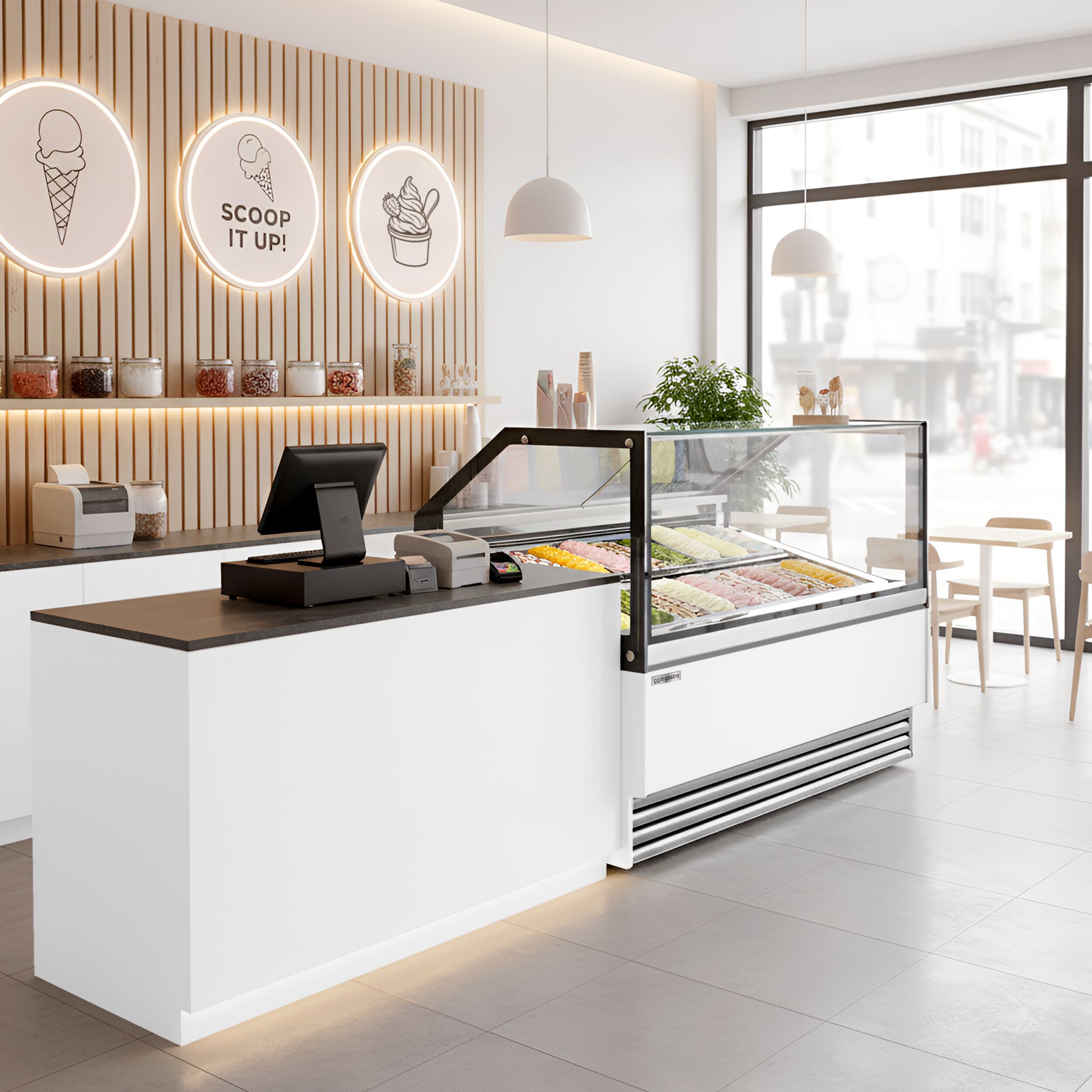 Vitrine à glace THEO – 1730 mm – refroidissement ventilé – pour 18 bacs à glace de 5 litres – Blanc