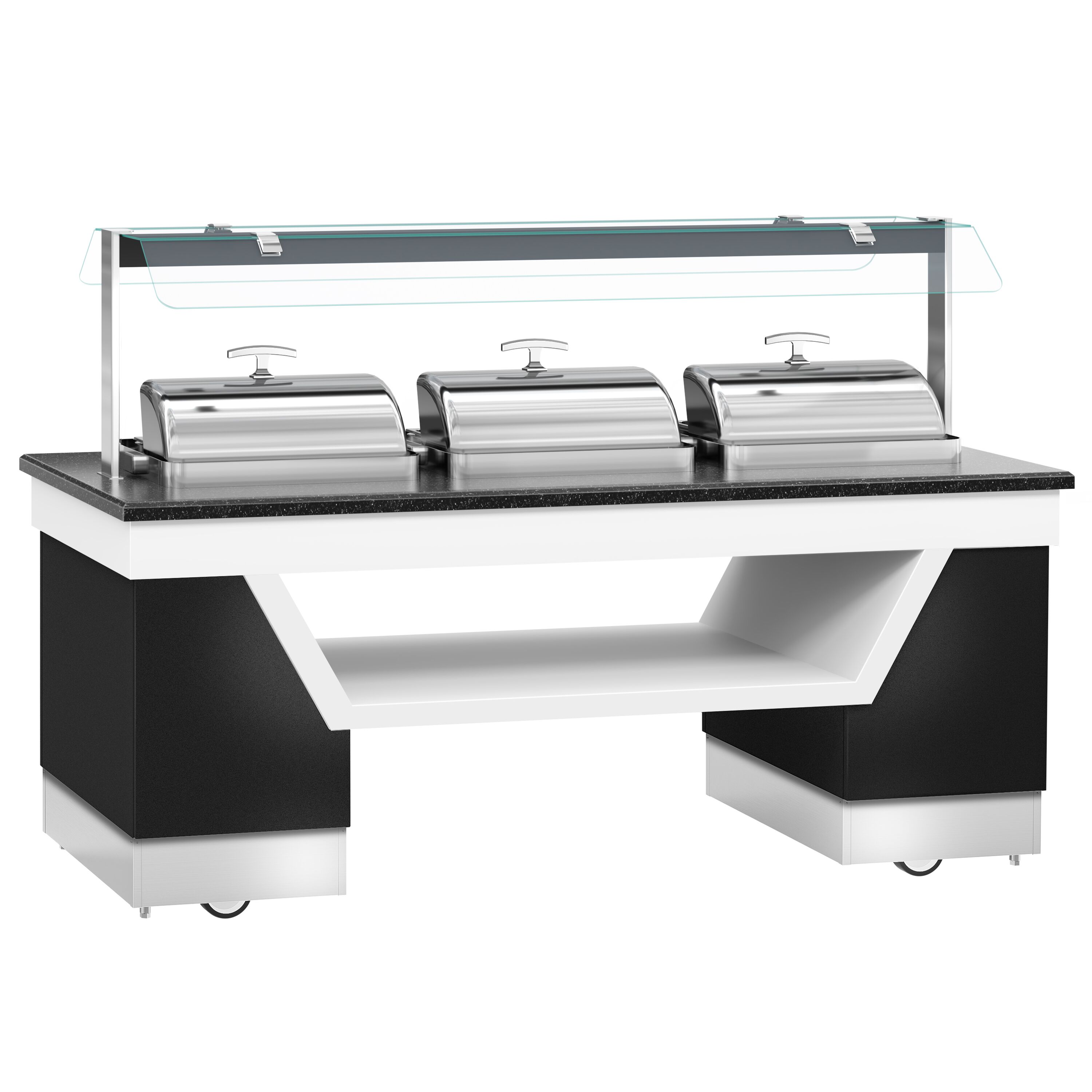 Heated Servery Counter BELFAST - 2300mm - with Hot Plate + Flat Glass Sneeze Guard - on Castors - for 3 Chafing Dishes - Black