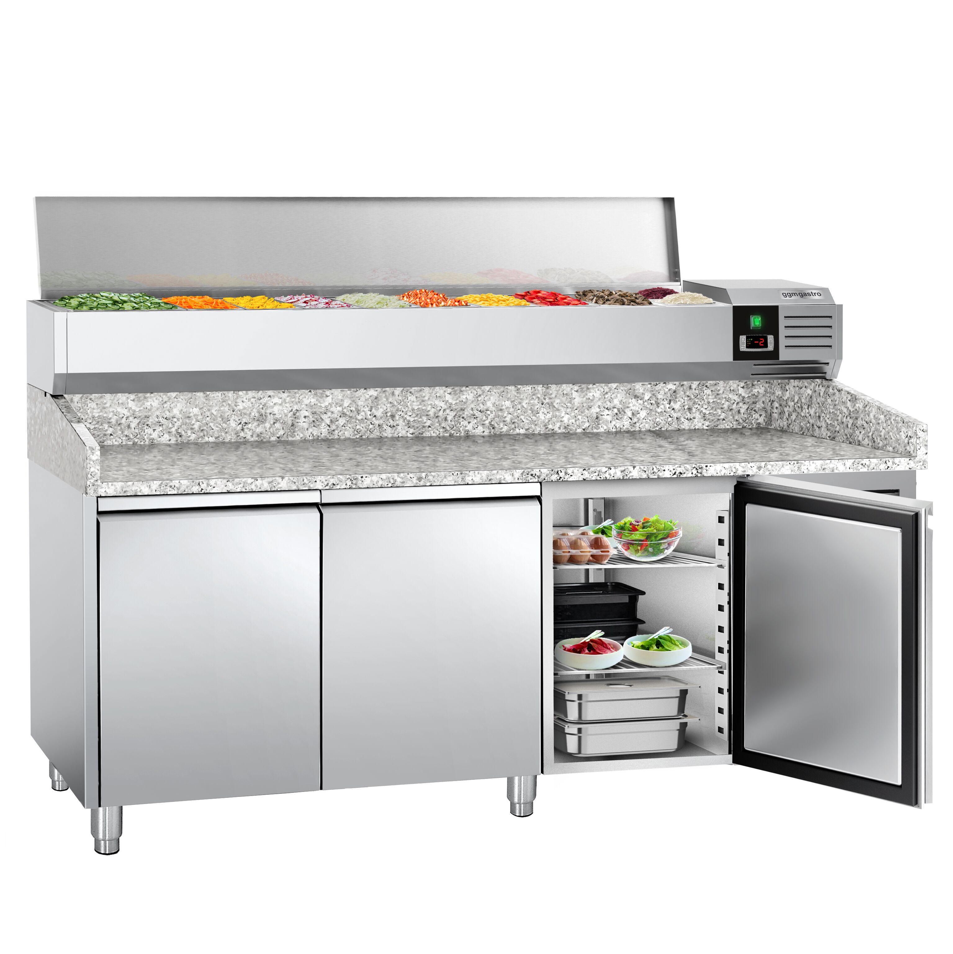 Table réfrigérée à pizza PREMIUM - 2000 x 800 mm - avec 3 portes - incl. vitrine réfrigérée - 9 x GN 1/3