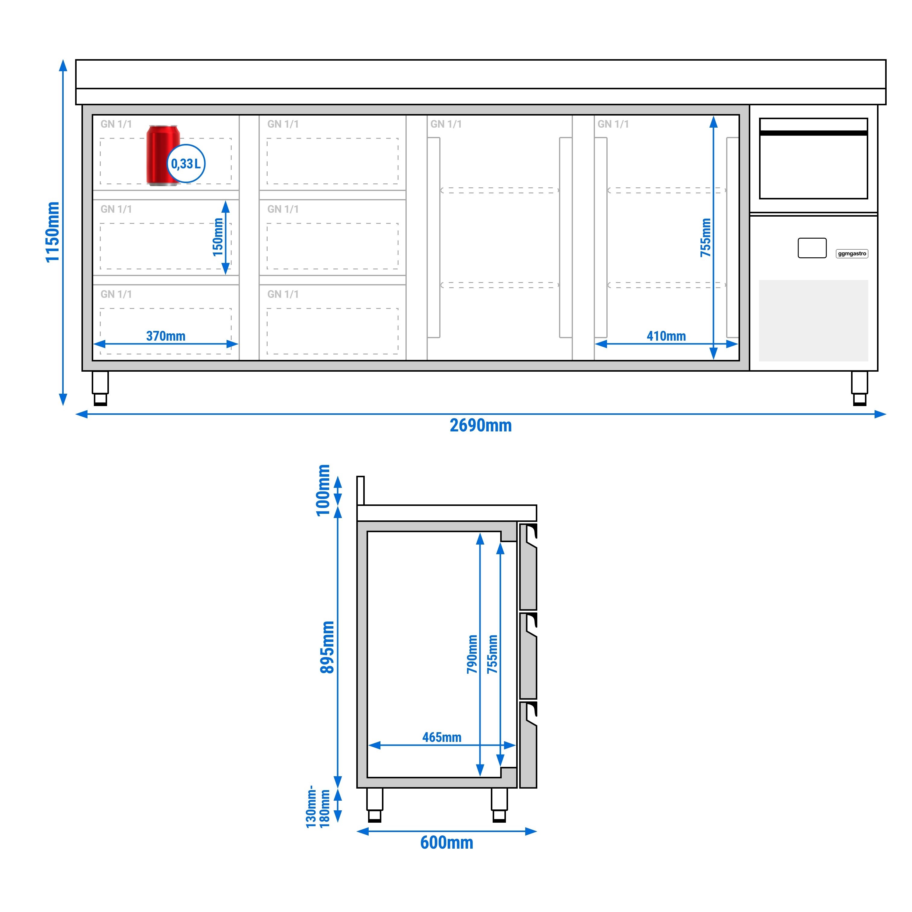 Arrière-bar réfrigéré professionnel PREMIUM - 2690 x 600 mm - avec 2 portes et 6 tiroirs - avec dosseret - avec tiroir à marc de café