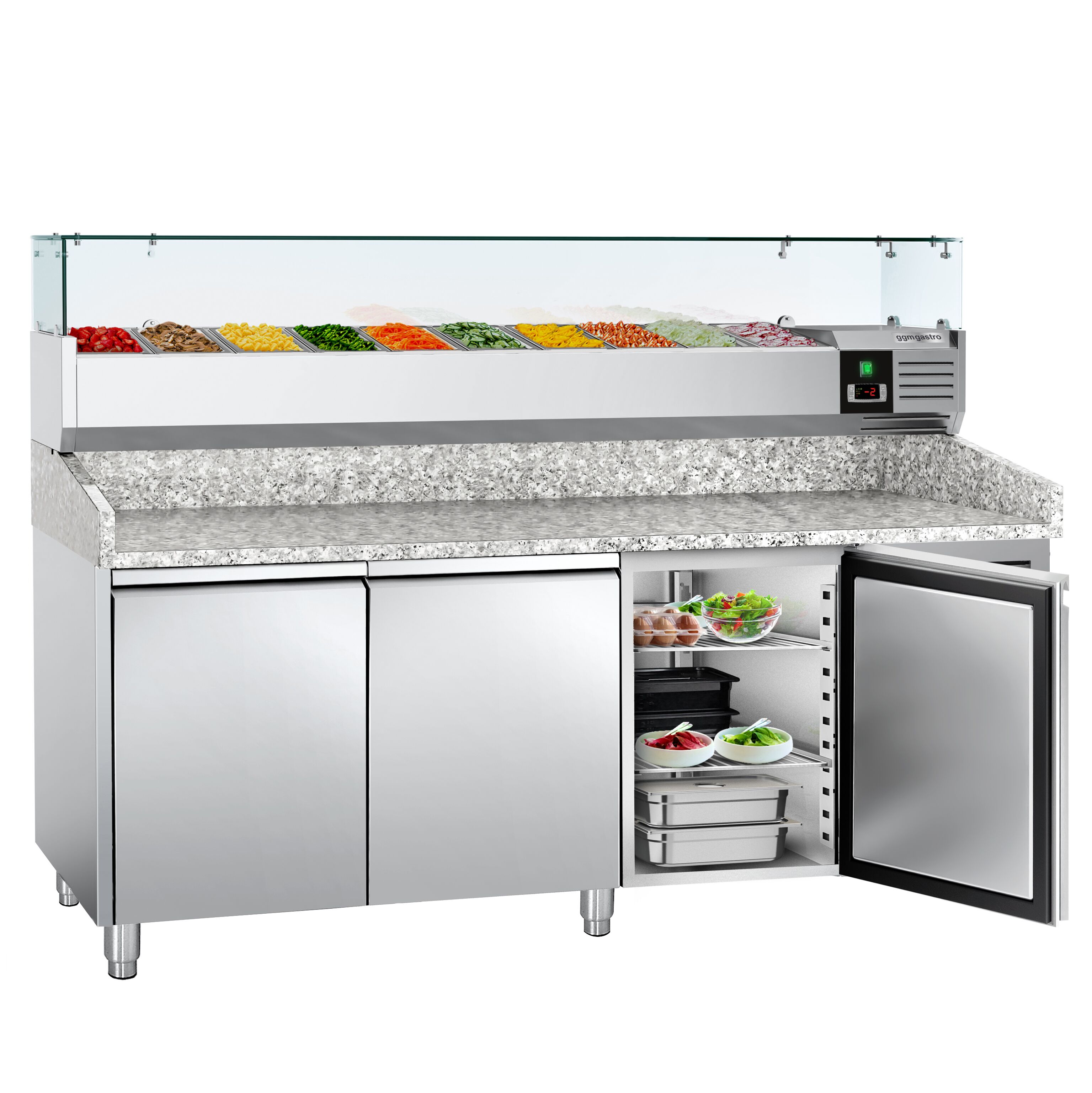 Table réfrigérée à pizza ECO - 2000 x 800 mm - avec 3 portes - incl. vitrine réfrigérée - 10 x GN 1/4