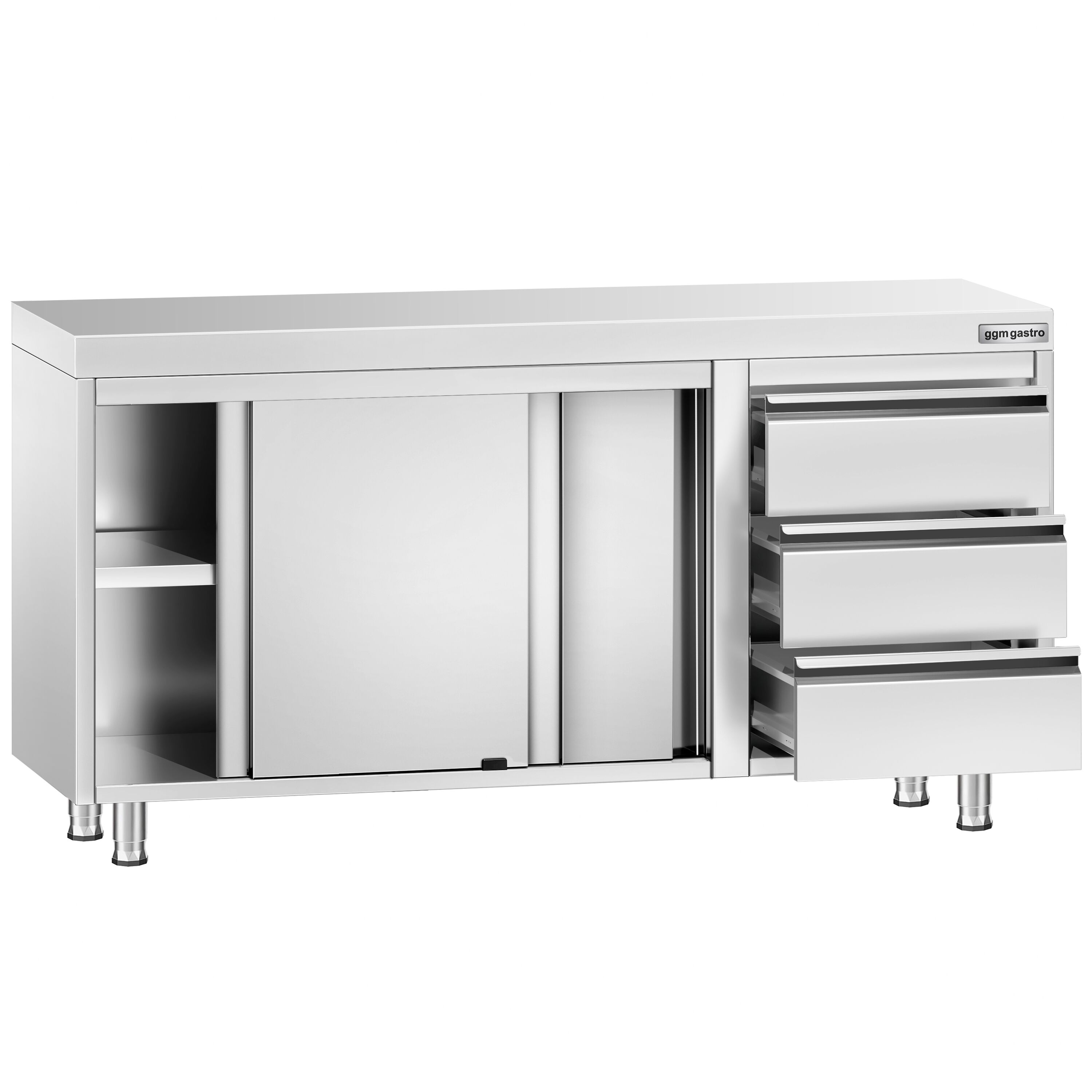 Table armoire en acier inoxydable PREMIUM - 1400x600mm - avec portes coulissantes et 3 tiroirs à droite