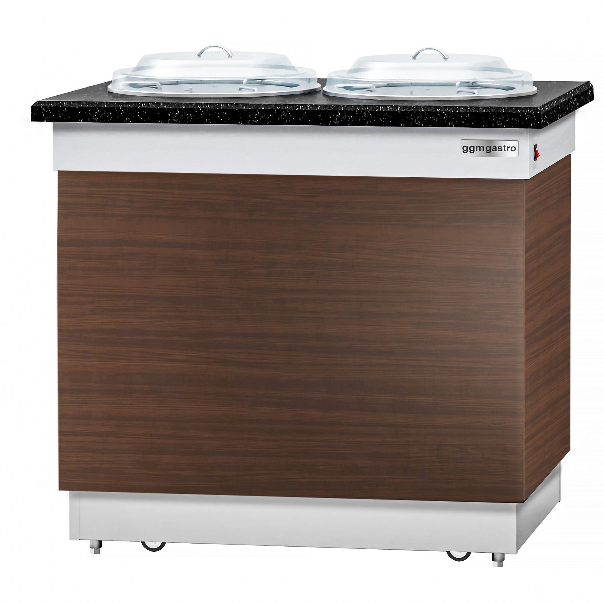 Tellerspender DUBLIN - beheizt - 1 kW - 700mm - mit Rollen - 100 Teller - schwarze Granit-Arbeitsplatte