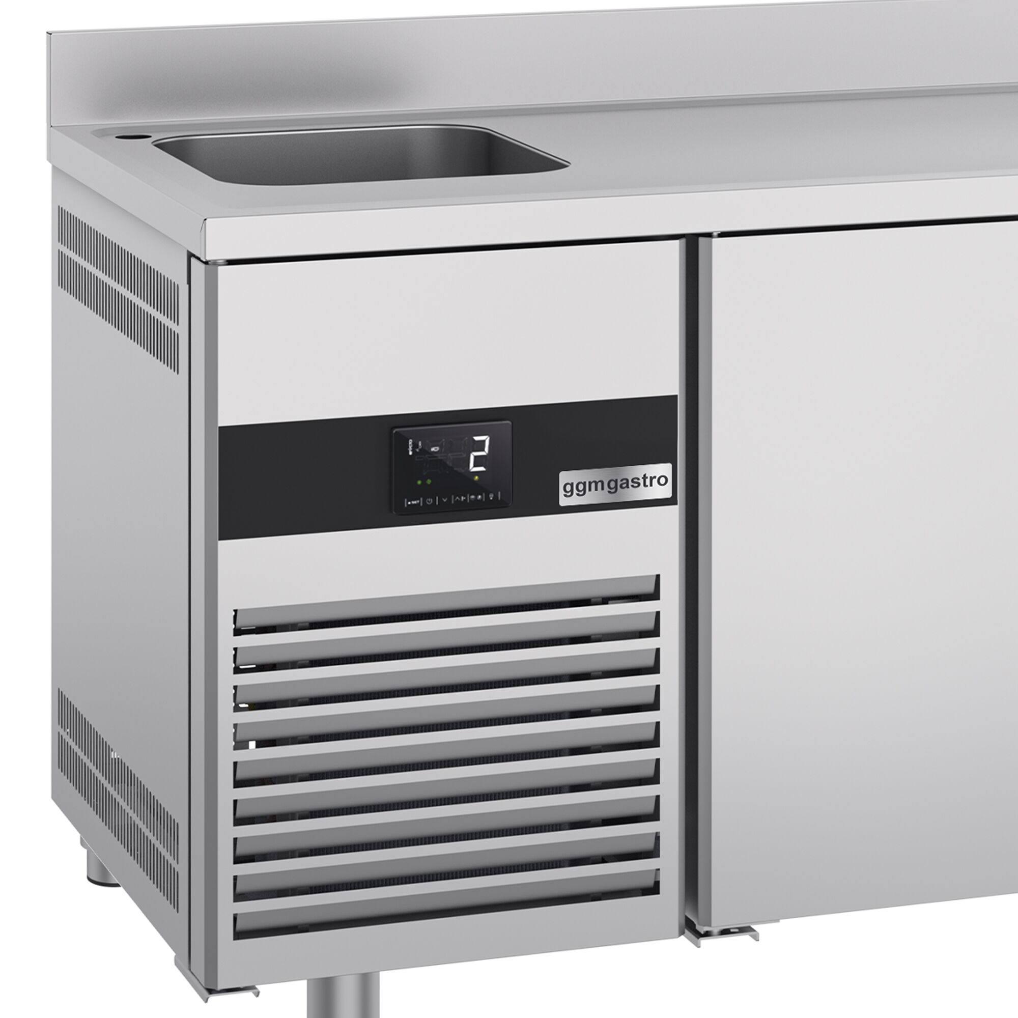 Commercial Counter Fridge PREMIUM - 1900x700mm - with 3 doors - with sink left - with upstand - capacity 420 litres