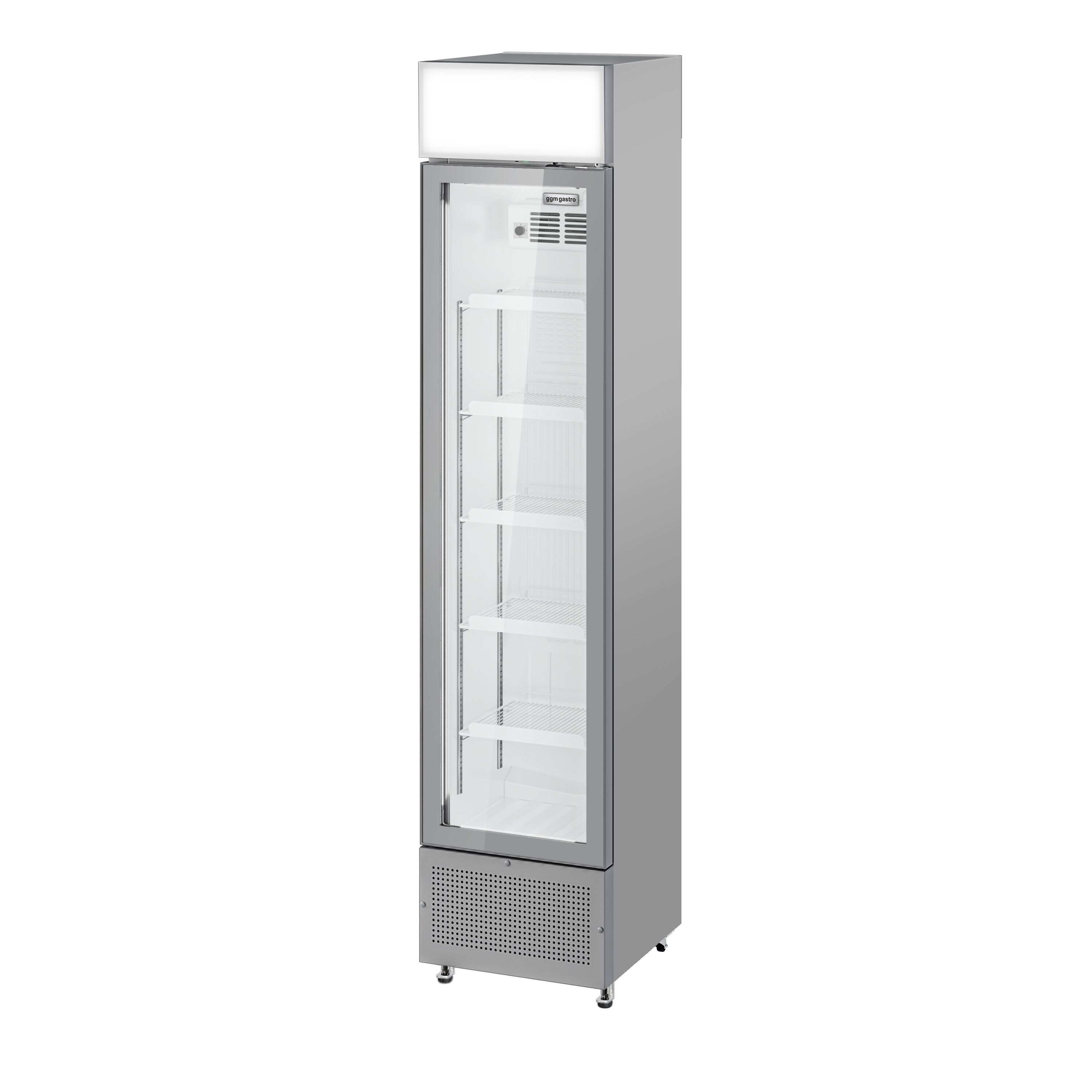 Commercial Beverage Display Fridge with Illuminated Canopy - 435mm - 145 Litres - with 1 hinged glass door - LED lighting - Grey - Temperature range 1 to 10 °C
