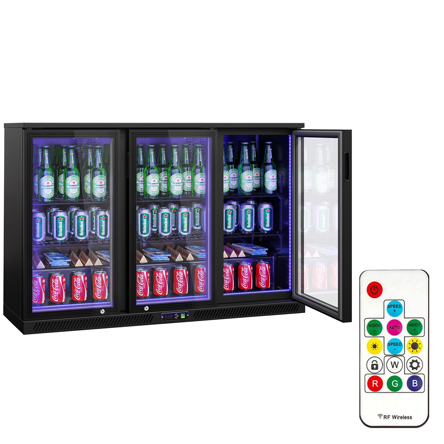 Réfrigérateur de bar – 1350 mm – 320 litres – avec 3 portes vitrées battantes – Extérieur & intérieur Noir