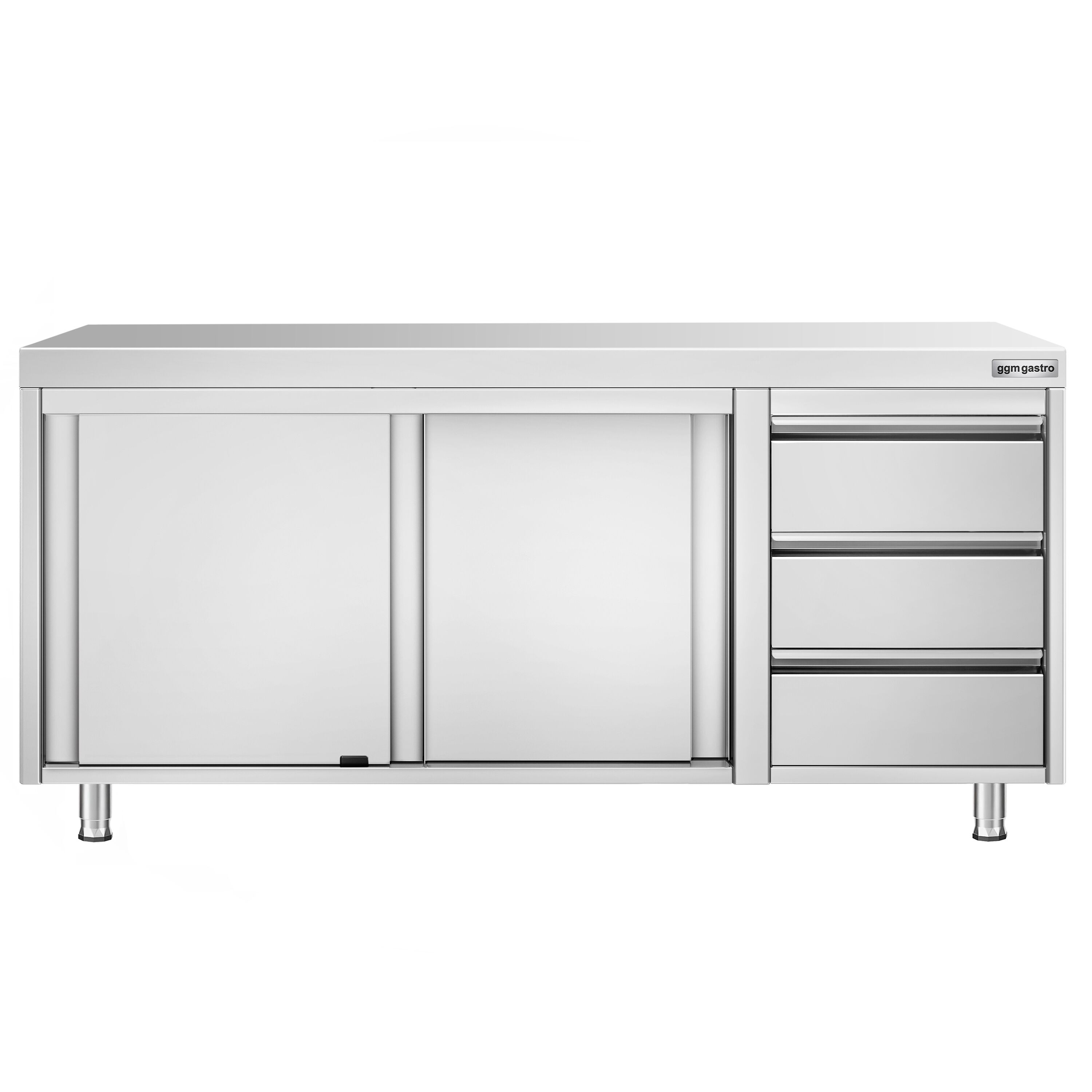 Table armoire en acier inoxydable PREMIUM - 1800x700mm - avec 3 tiroirs à droite et portes coulissantes