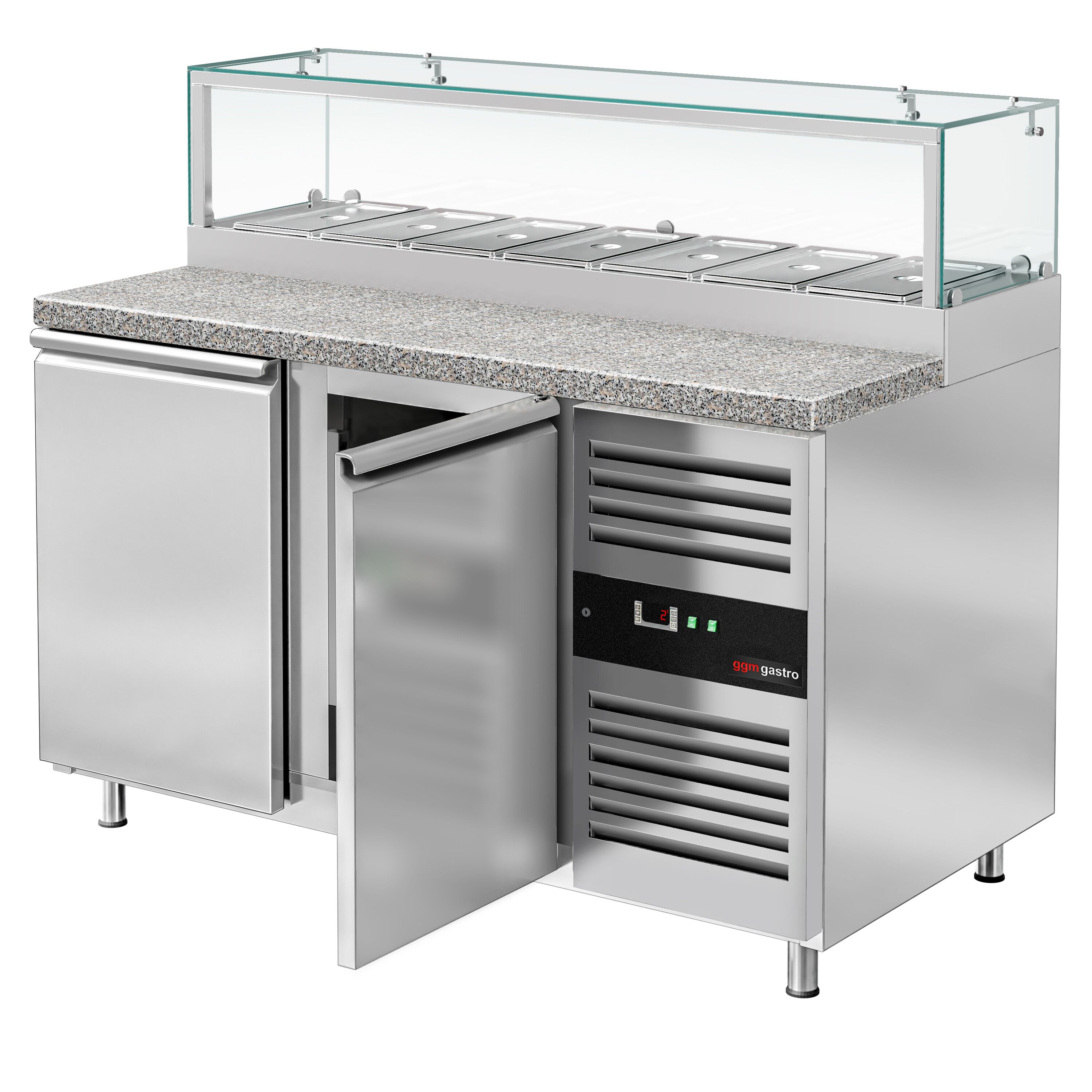 Saladette réfrigérée PREMIUM - 1510mm - 390L - 2 portes - avec vitrine de comptoir pour 7x GN 1/3 & 1 étagère - plan de travail en granit noir