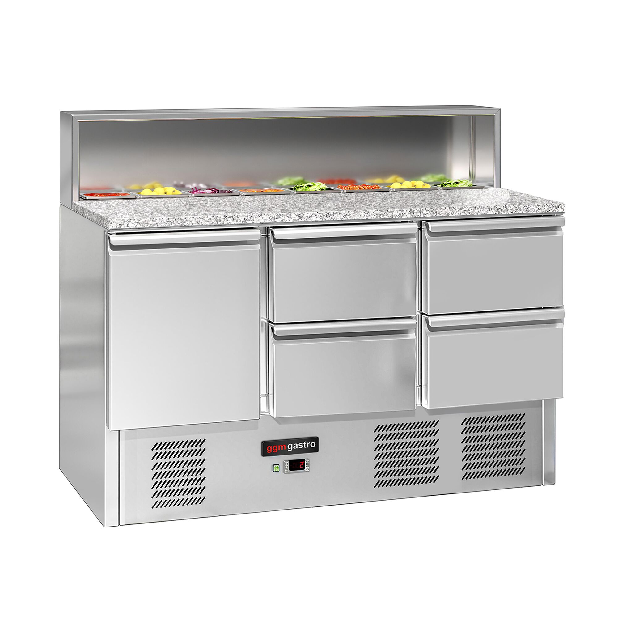 Table à pizza réfrigérée ECO - 1368mm - 402L - 1 porte & 4 tiroirs - pour 8x GN 1/6 & Couvercle inox - plan de travail en granit noir