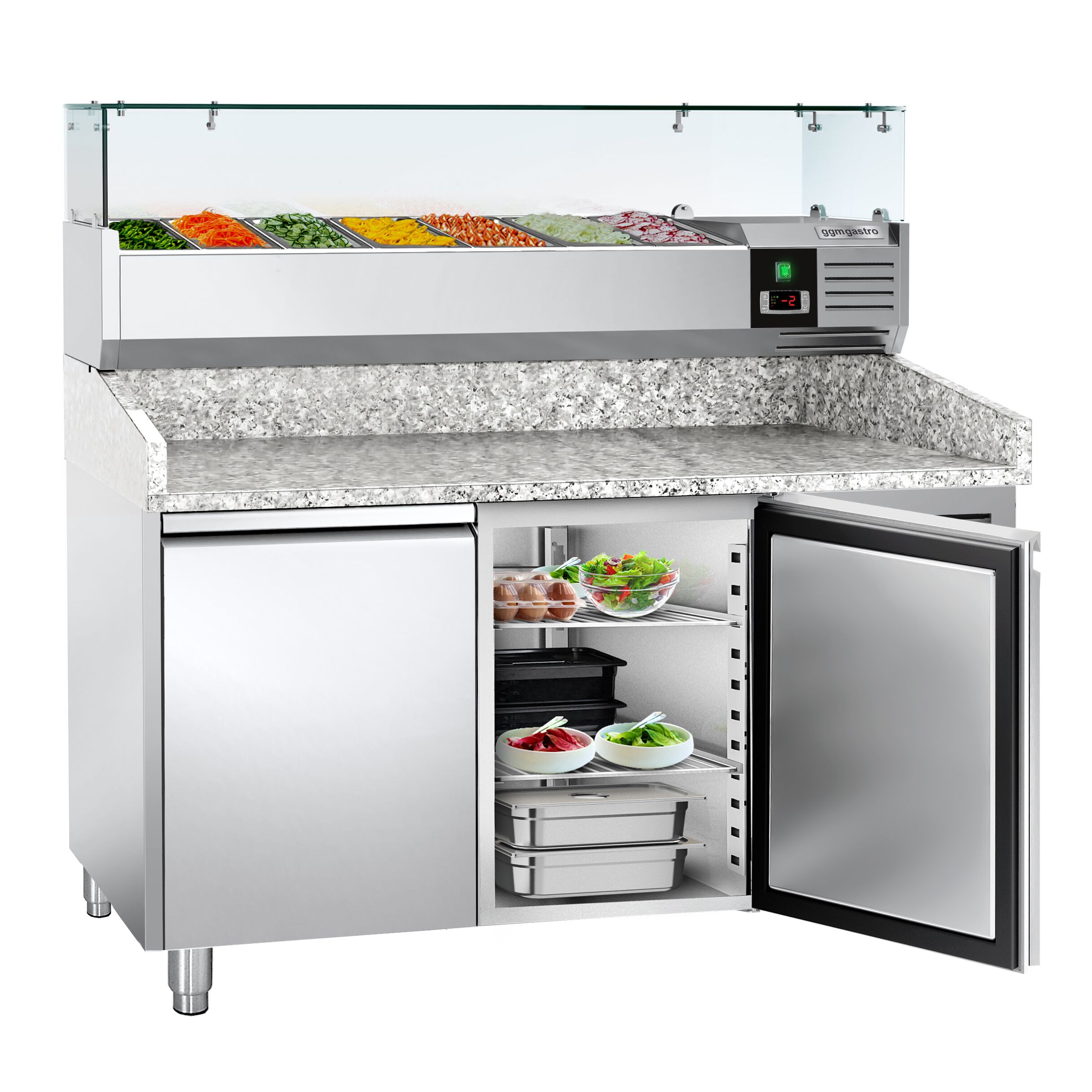 Pizzakylbänk ECO - 1500x800 mm - granitskiva - med 2 dörrar - inkl. kylränna med glasöverbyggnad - 7x GN 1/4