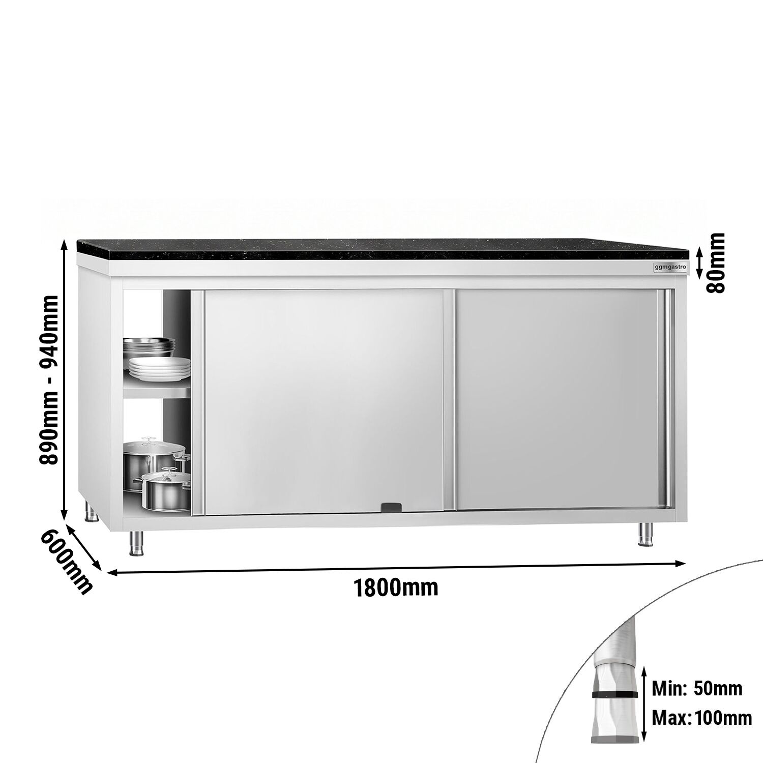Edelstahl Arbeitsschrank PREMIUM - 1800x600mm - mit Durchreiche - inkl. Granitarbeitsplatte