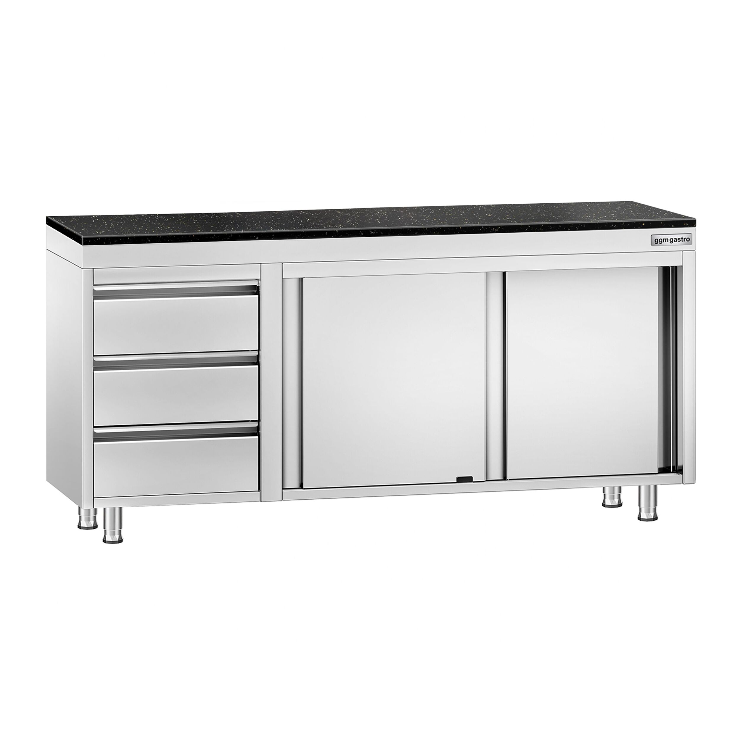 Roestvrijstalen werkkast PREMIUM - 1800 x 700 mm - met 3 lades links - incl. granieten werkblad