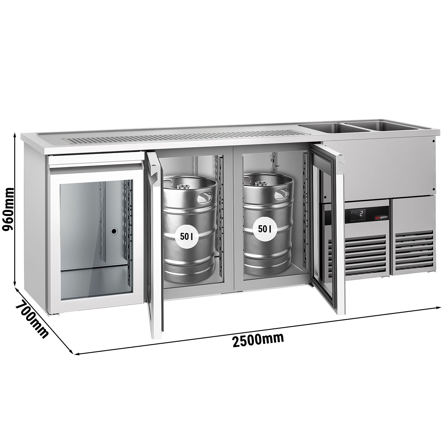 Comptoir de bar réfrigéré PREMIUM - 2500x700mm - 3 portes vitrées