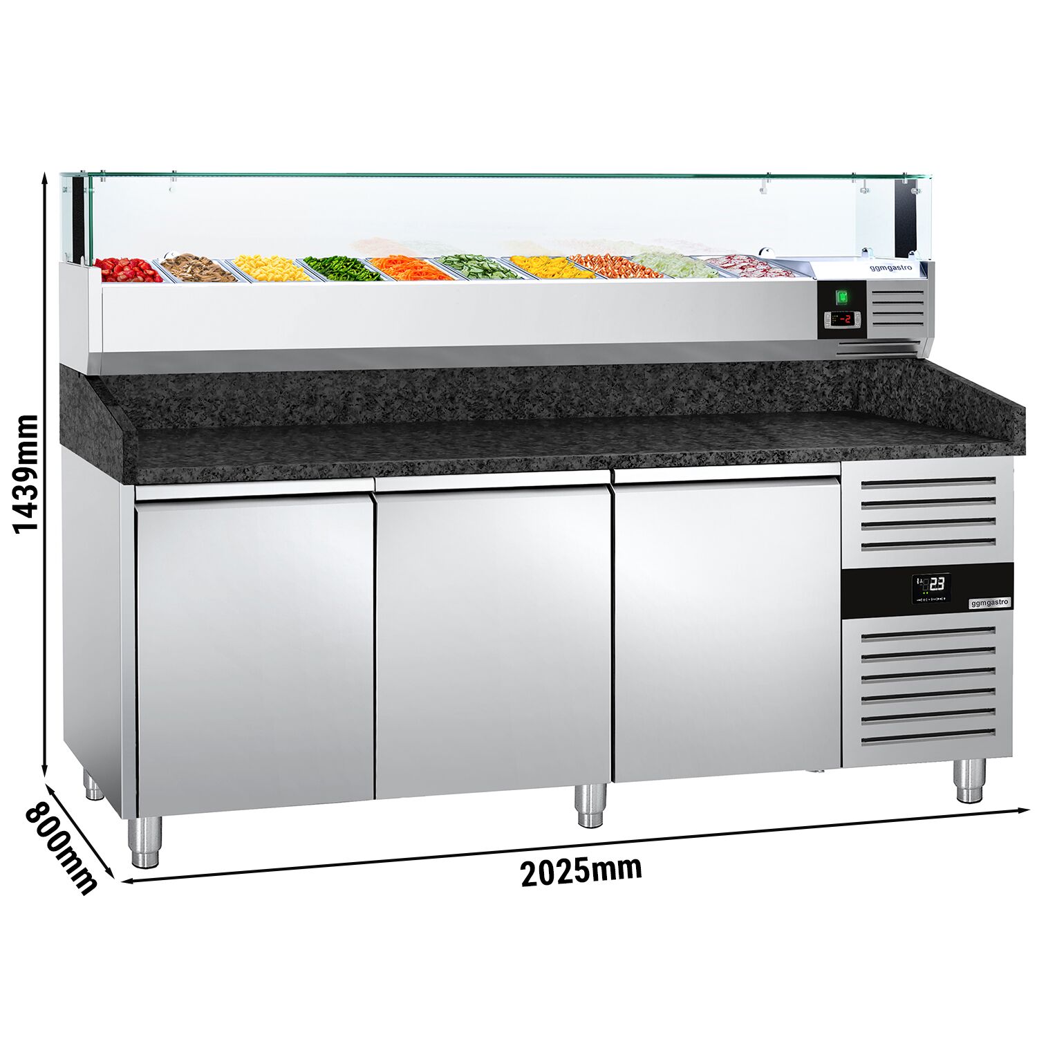 Table réfrigérée à pizza PREMIUM - 2000 x 800 mm - avec 3 portes - incl. vitrine réfrigérée LED - 10 x GN 1/4