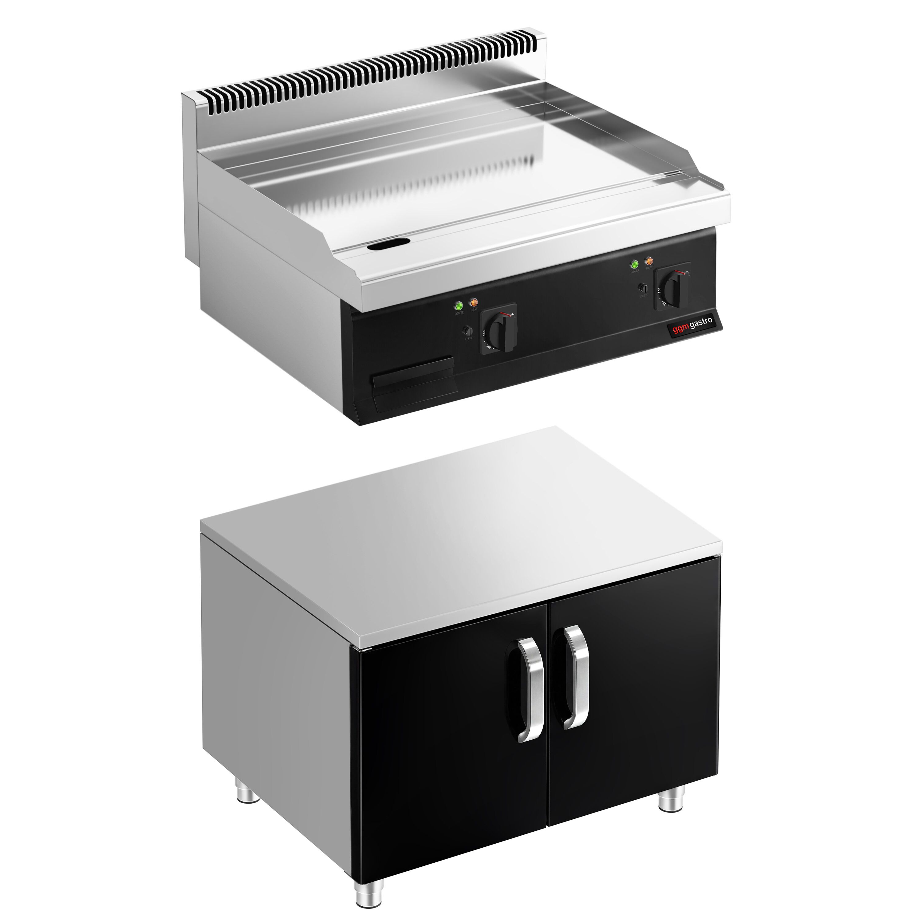 Plancha électrique - plaque chromée dure - 2 zones - 8,0 kW - Lisse - Surface de cuisson : 795x535mm - incl. soubassement avec 2 portes