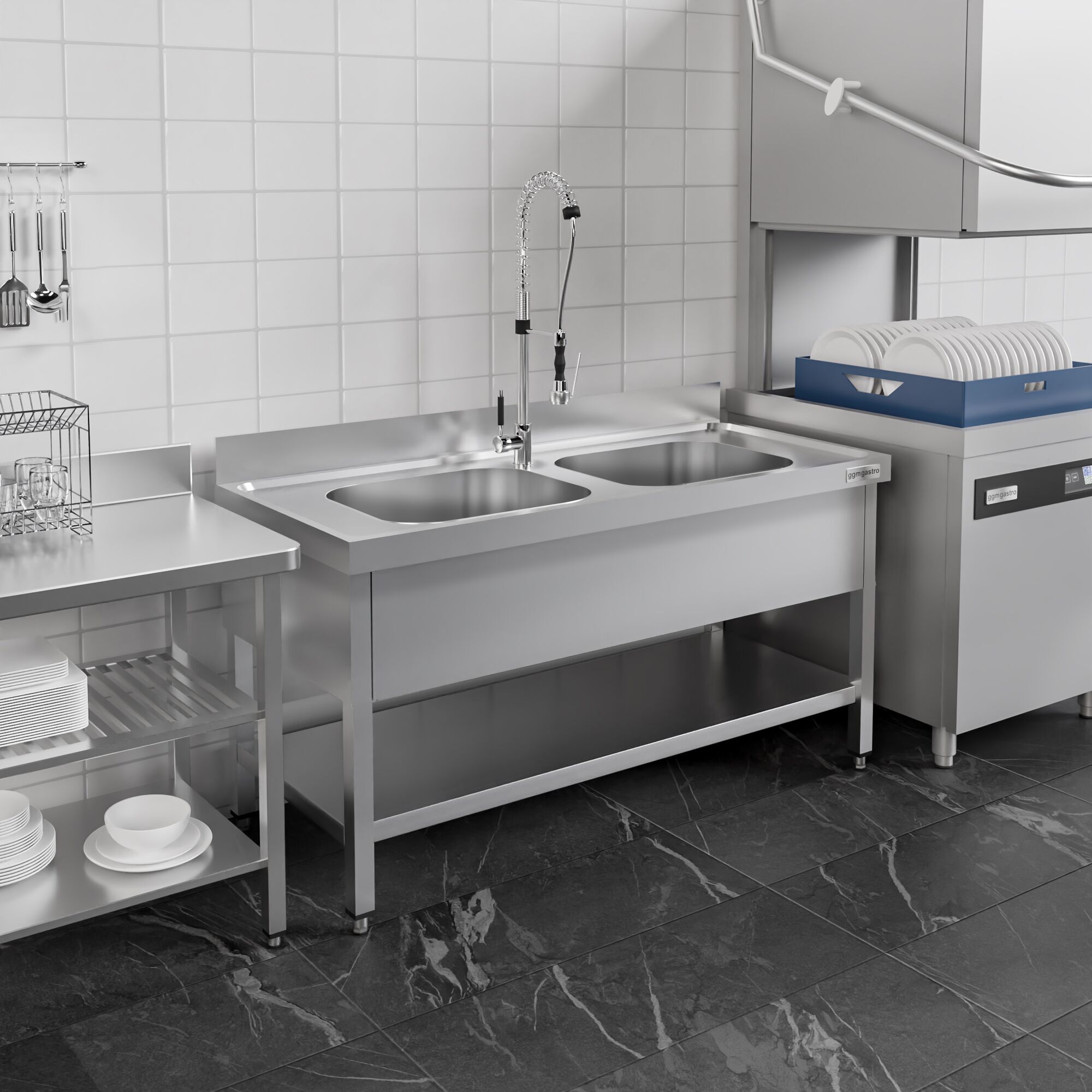 Plonge en inox ECO - 1400x700mm - avec étagère basse - 2 bacs au centre