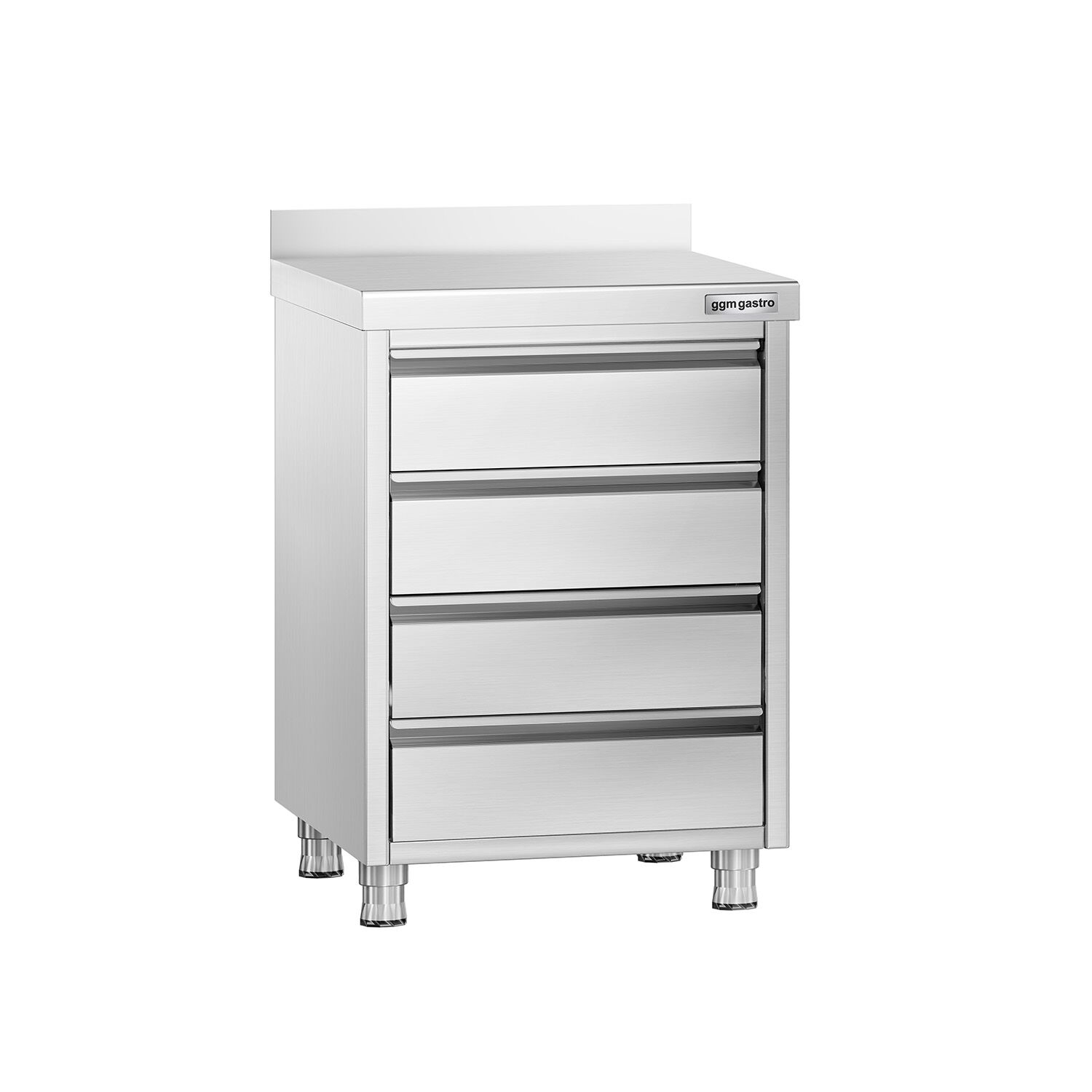Meuble bas à tiroirs PREMIUM - Acier inoxydable - avec 4 tiroirs & dosseret 100mm - 500x600mm
