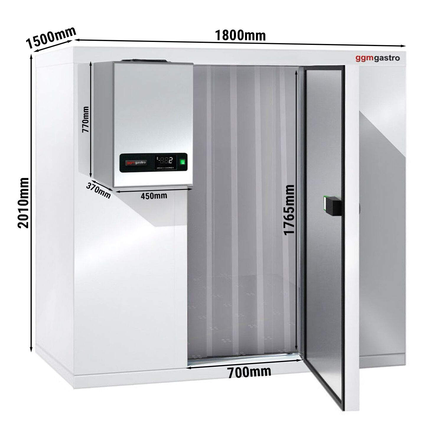Chambre de congélation – 1800 × 1500 mm – 3,47 m³ – avec groupe de congélation et rideaux à lamelles inclus
