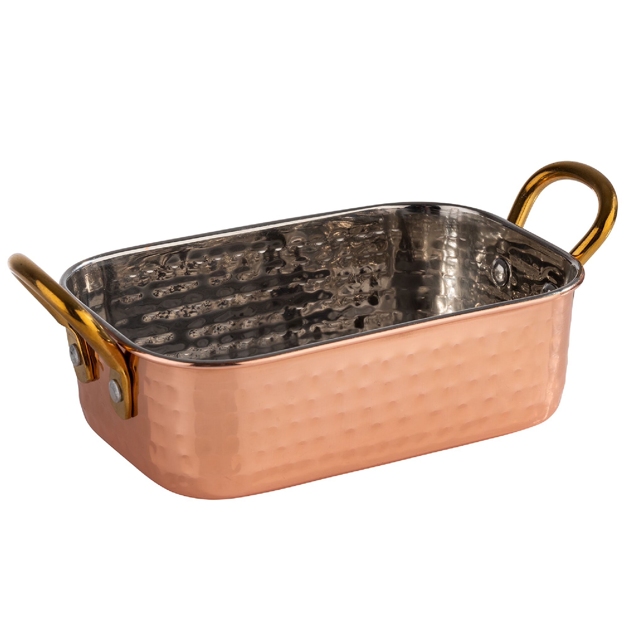 (6 db) Mini tálalóserpenyő MUMBAI - rozsdamentes acél - 0,45 l - 145x95x45 mm - kalapált felület