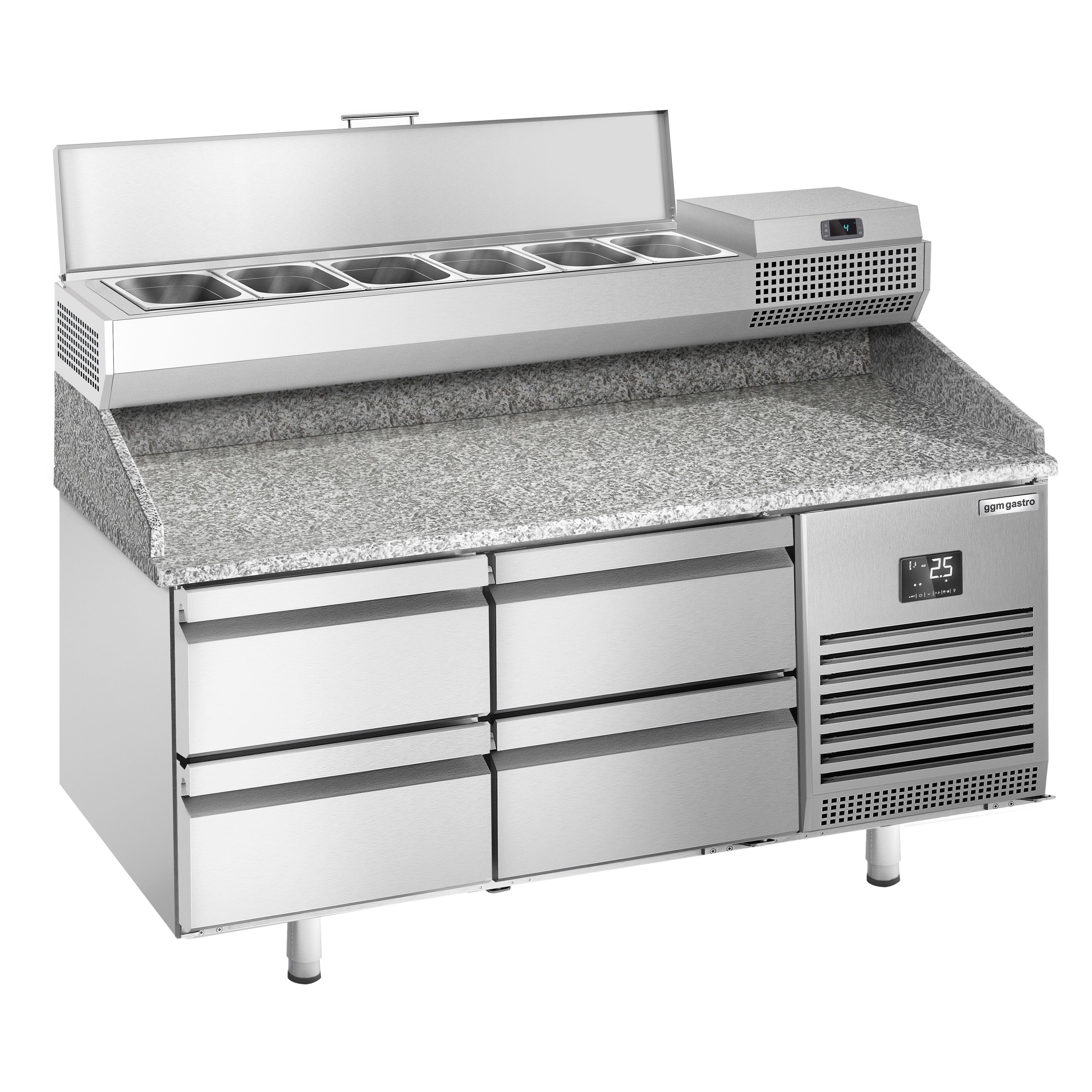 Table réfrigérée à pizza Premium PLUS - 1490x700 mm - avec 4 tiroirs - incl. vitrine réfrigérée - 6x GN 1/4