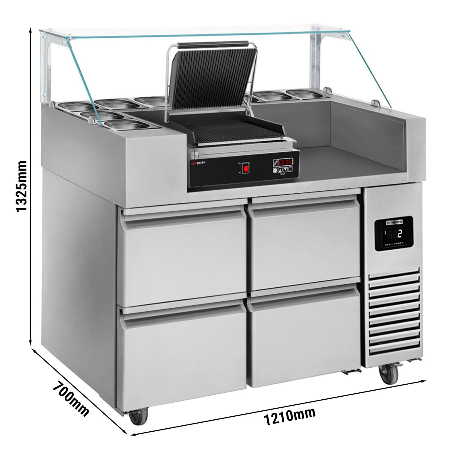 Zubereitungstisch - 1210mm - 4 Schubladen - für 9x GN 1/6 - inkl. Digitalem Kontaktgrill