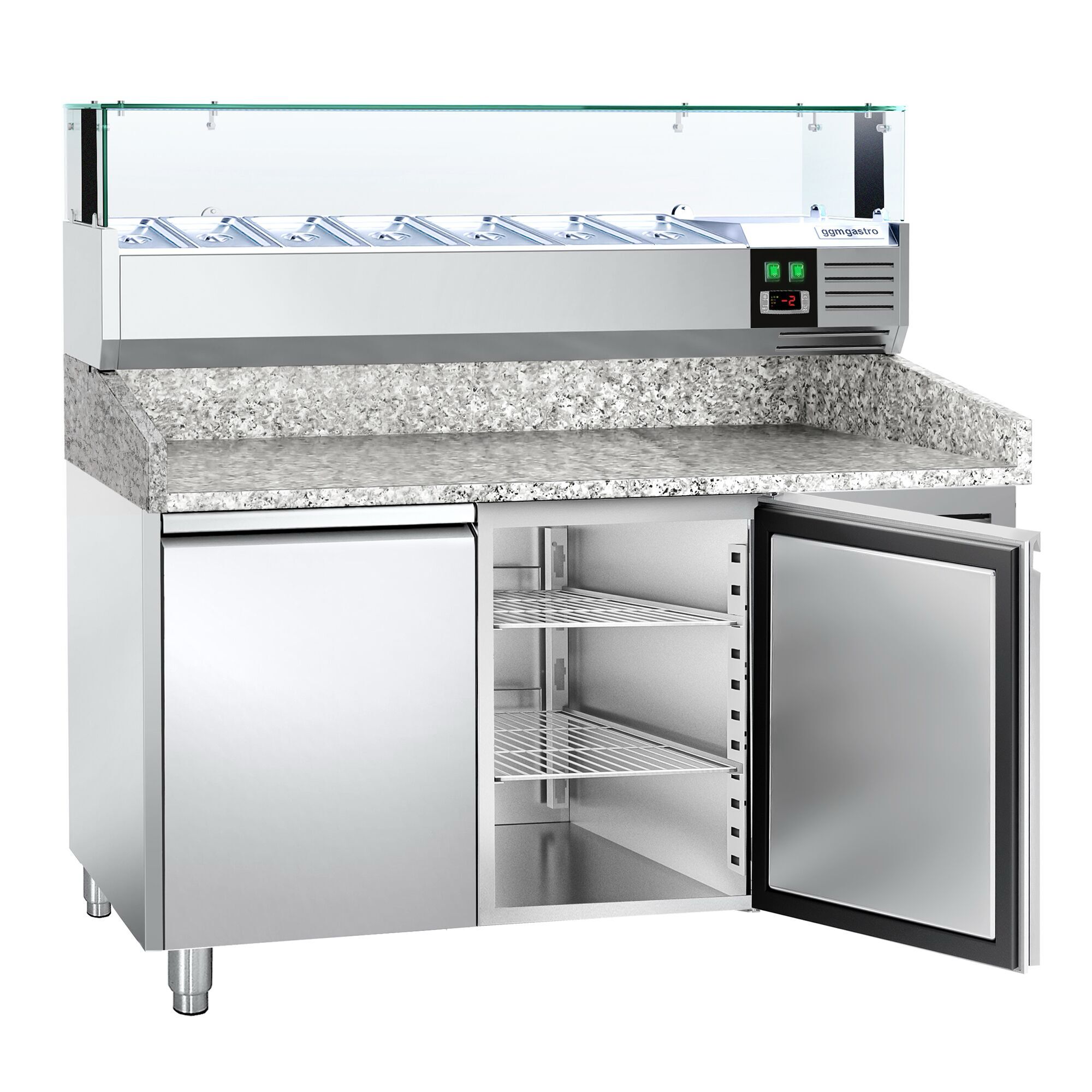 Table réfrigérée pour pizza PREMIUM - 1500 x 800 mm - avec 2 portes - incl. vitrine réfrigérée avec LED - 7 x GN 1/4