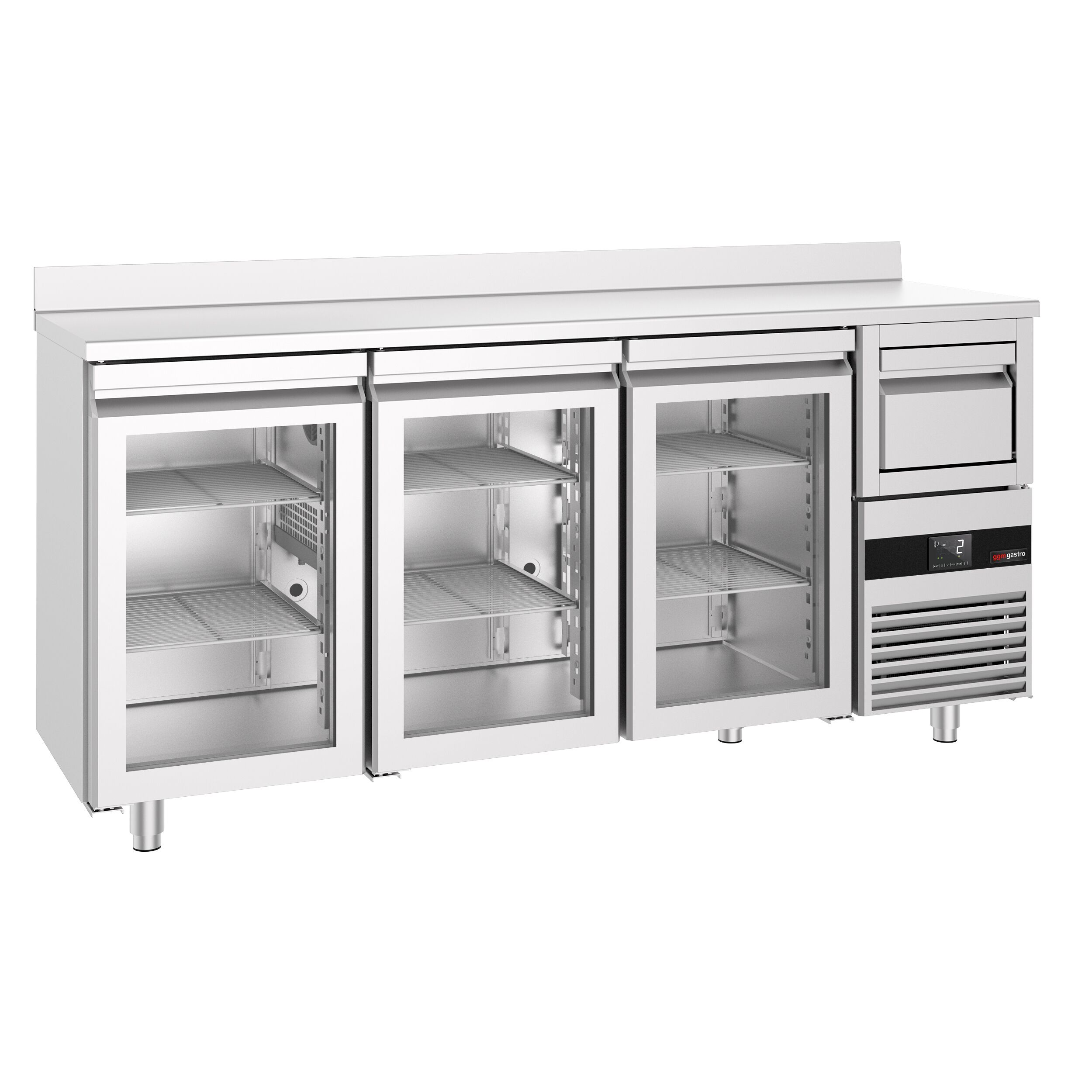 Commercial Back Bar Bottle Cooler PREMIUM - 2140x600x1150mm - with 3 Hinged Glass Doors, upstand & knock box for coffee - 632L