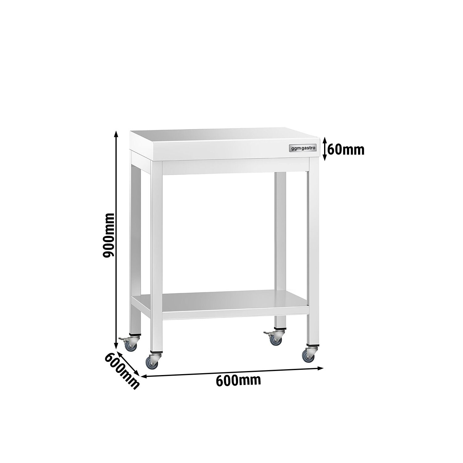 Table de travail en inox PREMIUM - 600 x 600 mm - avec tablette inférieure et roulettes