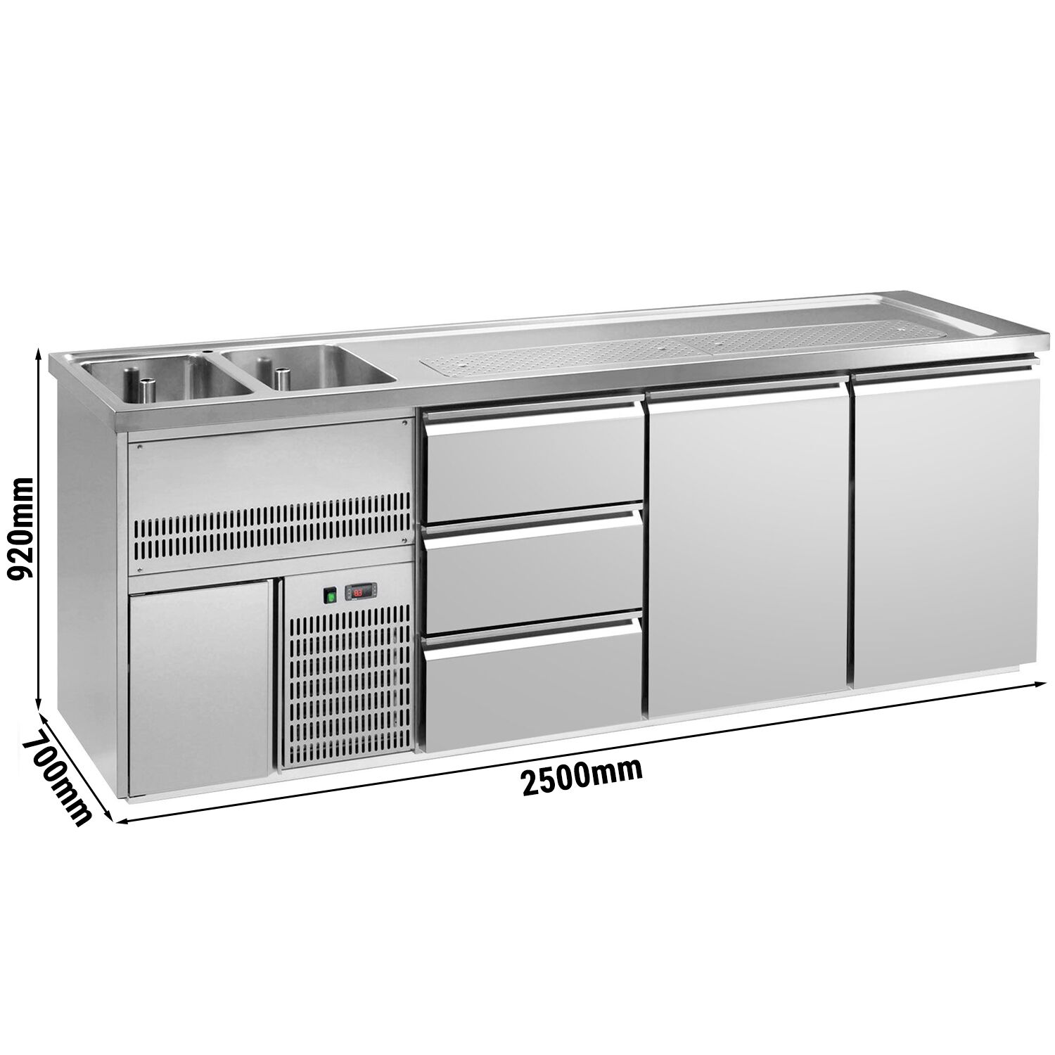 Comptoir de bar réfrigéré Premium PLUS - 2500x700mm - 2 portes & 3 tiroirs