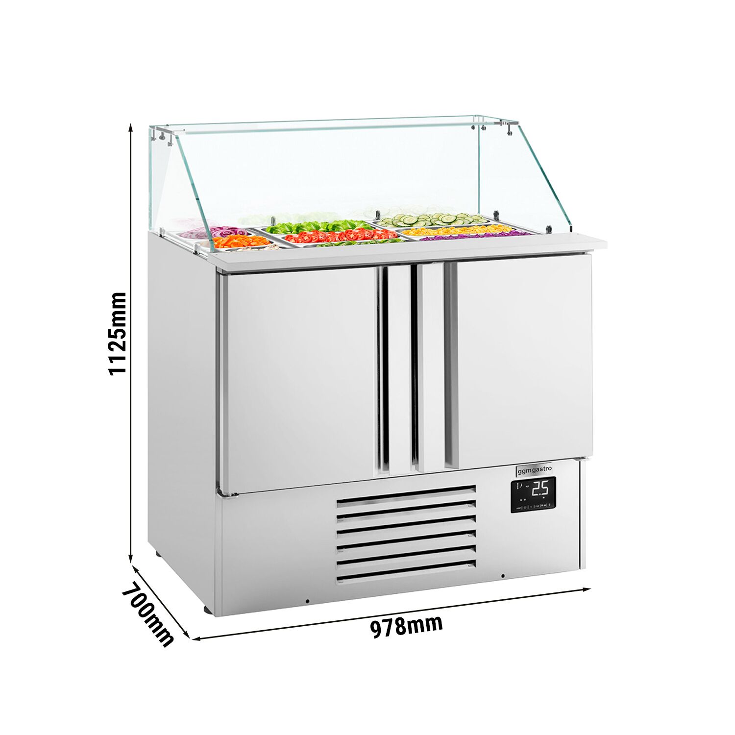 Commercial Saladette Counter PREMIUM PLUS - 978mm - 230L - 2 doors - with square glass canopy for 6 x GN 1/3 & 3 x GN 1/6