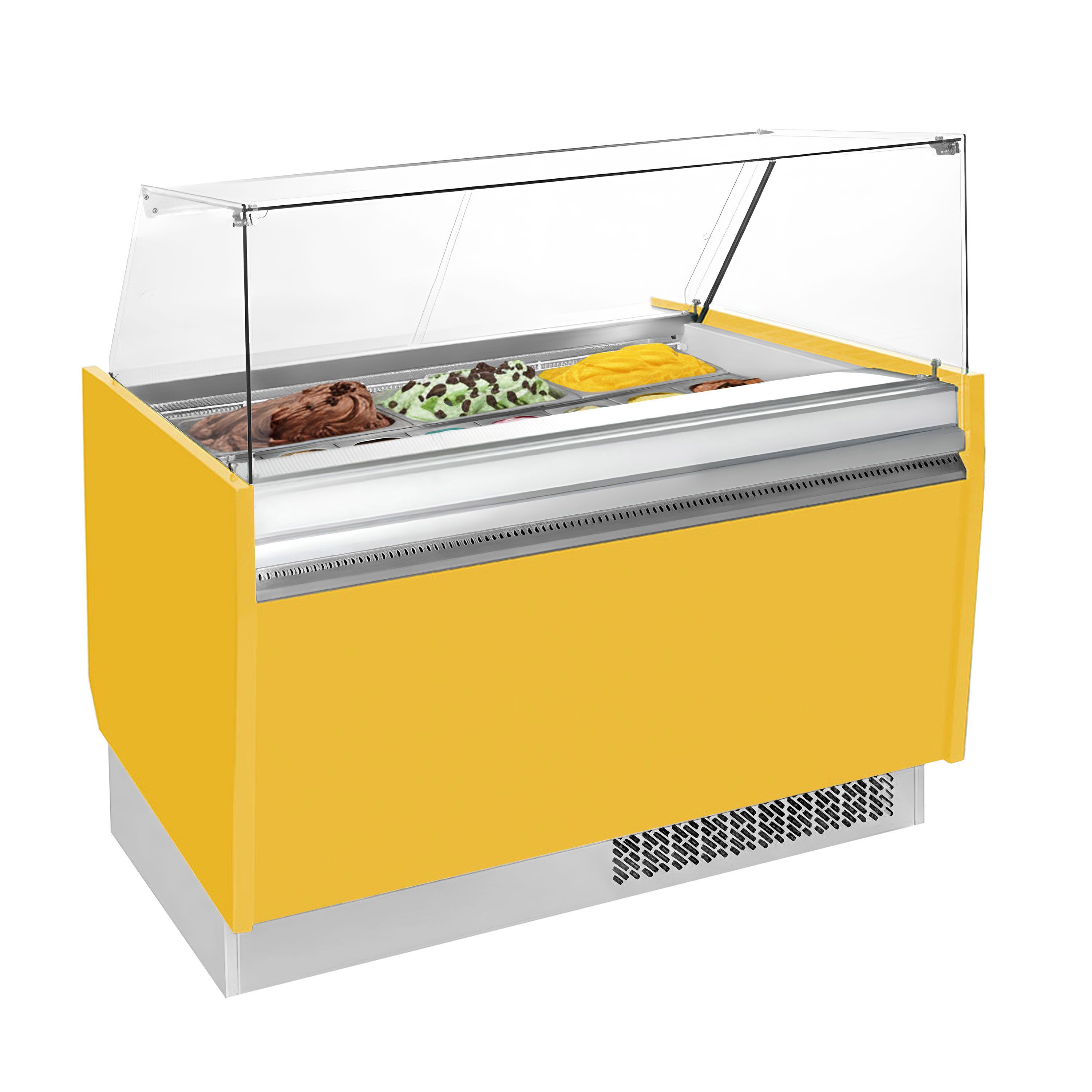 Vitrine à glace LIAM – 1310 mm – refroidissement statique – pour 10+10 bacs à glace de 5 litres – Jaune