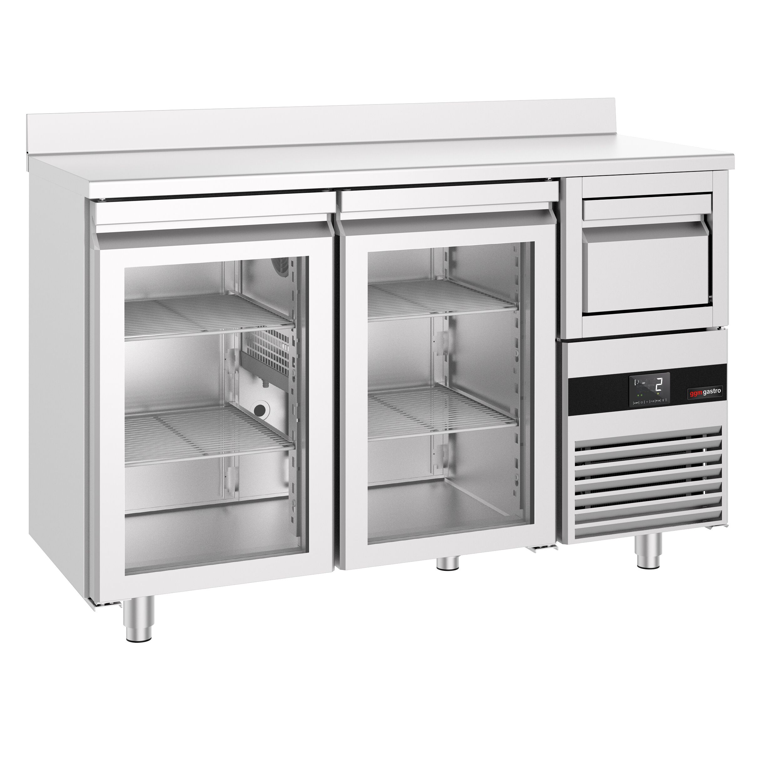 Arrière-bar réfrigéré professionnel PREMIUM - 1580 x 600 mm - avec 2 portes vitrées - avec dosseret - avec tiroir à marc de café
