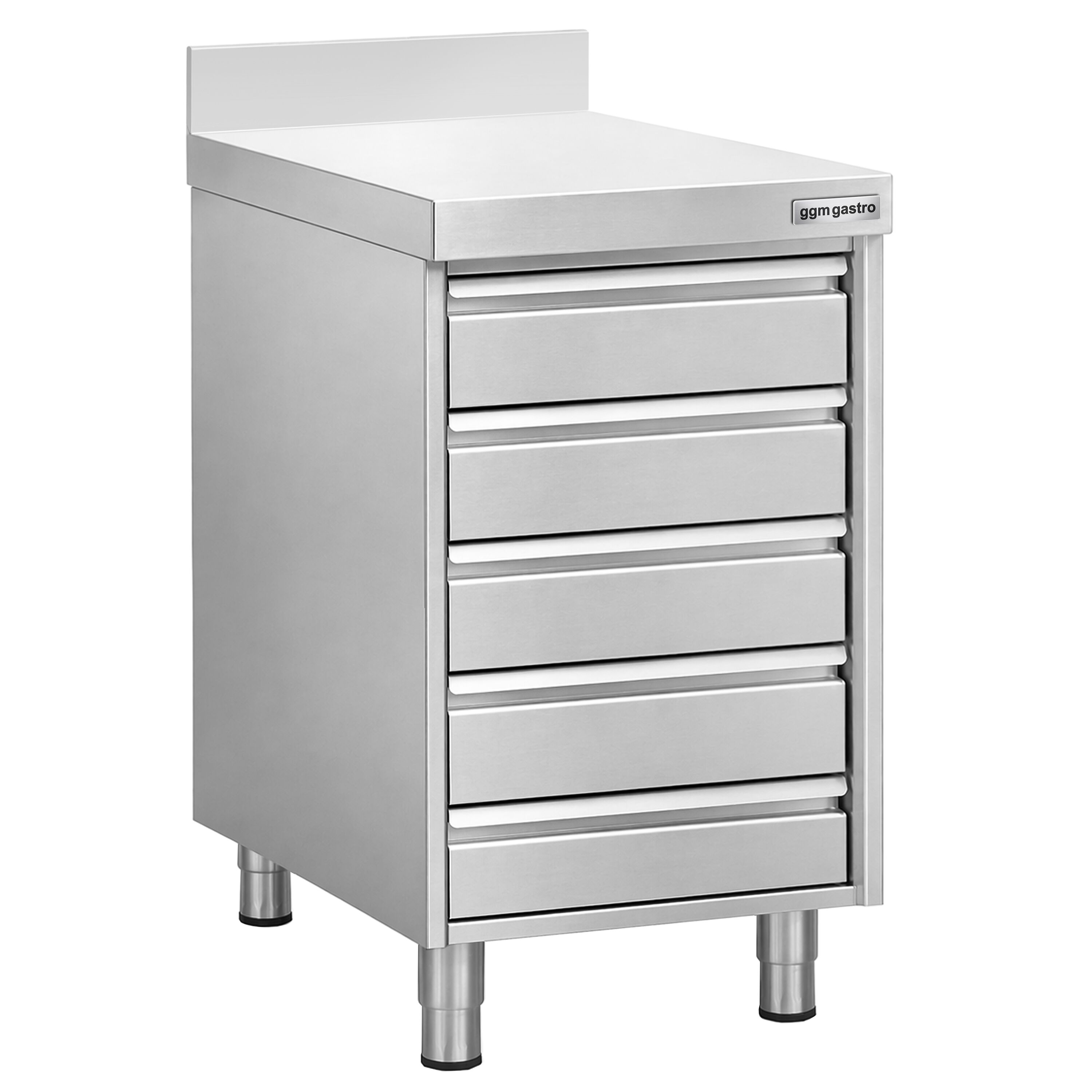 Meuble bas à tiroirs - Acier inoxydable - avec 5 tiroirs & dosseret 100mm - 500x700mm