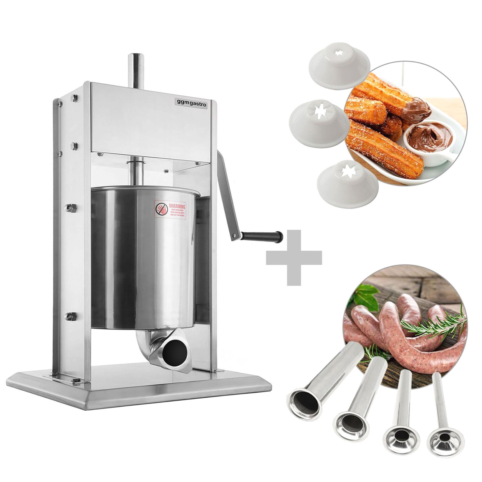 Poussoir à saucisses Manuel & Machine à churros - 10 Litres - inox - incl. 4 Embouts à saucisses & 3 Embouts à churros