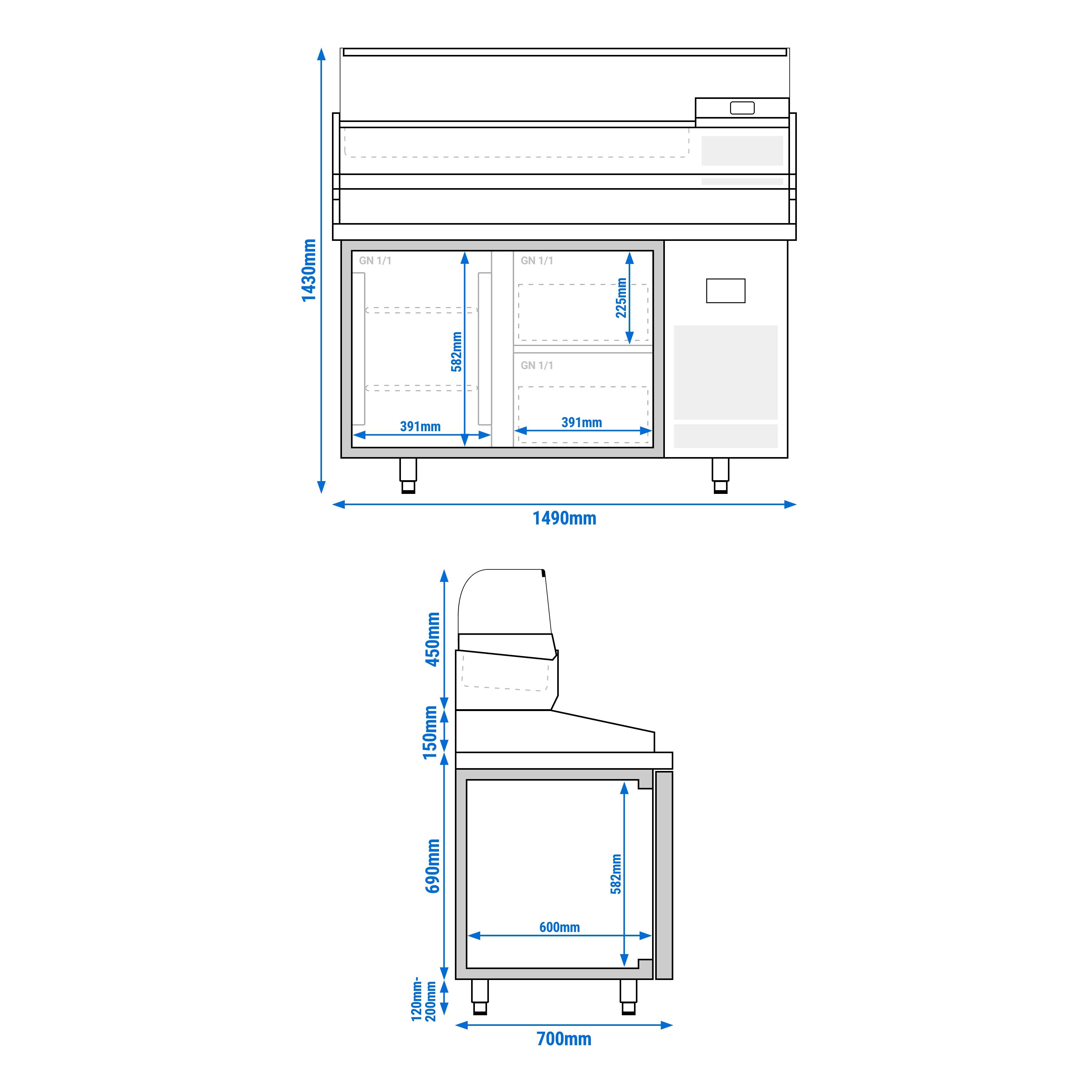 Table réfrigérée à pizza Premium PLUS - 1490x700 mm - avec 1 porte & 2 tiroirs - incl. vitrine réfrigérée - 6x GN 1/4