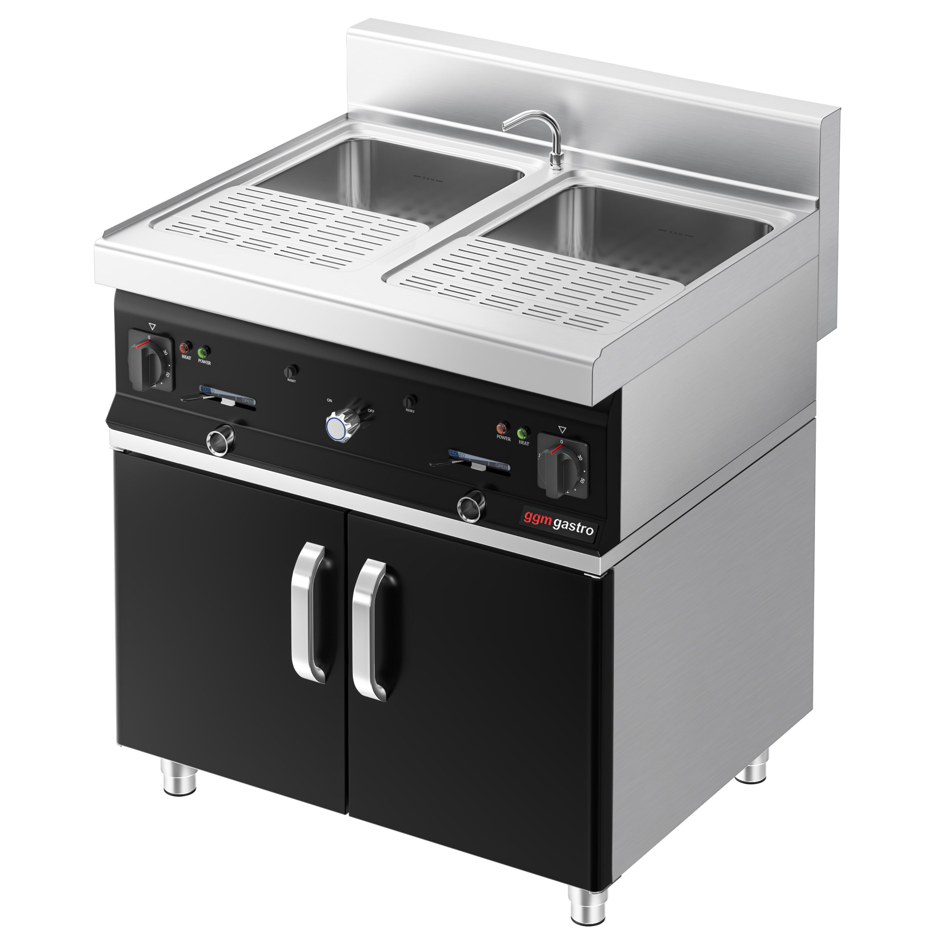 Cuiseur à pâtes électrique avec robinet – 2 × 26 L – 12 kW – incl. soubassement avec 2 portes