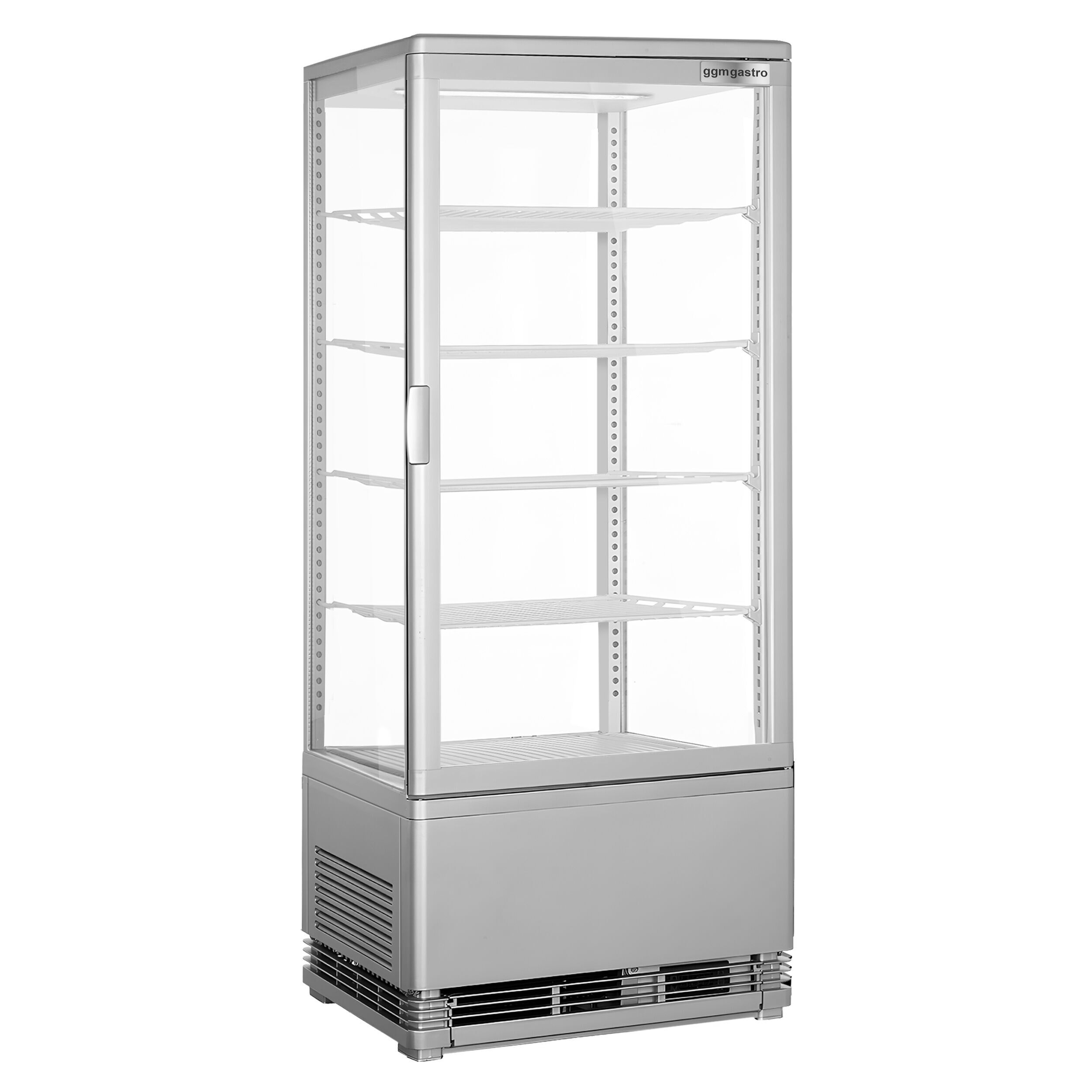 Vitrine réfrigérée 4 faces vitrées / Vitrine panoramique de table – 98 litres – 420 mm – avec 4 étagères – Argent