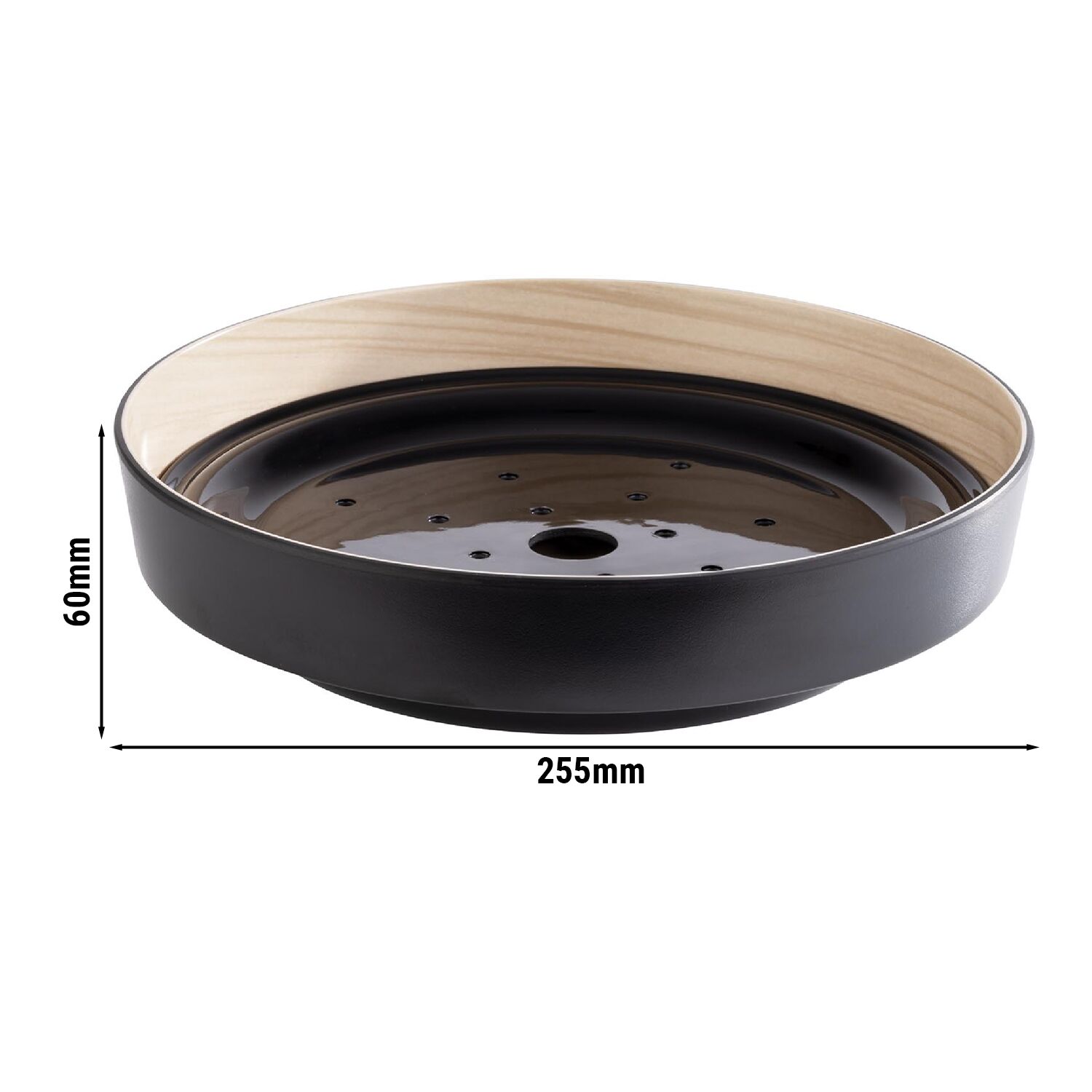 (6 stuks) Schaal - FRIDA - Melamine - rond - Ø255mm - 2-delig, met afdruipinzet, stapelbaar - zwart/beige