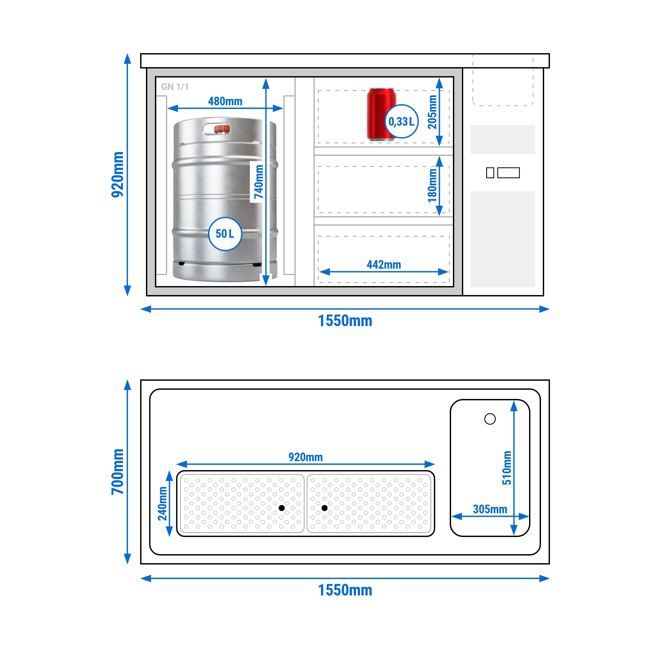Comptoir de bar réfrigéré Premium PLUS – 1550 × 700 mm – 1 porte & 3 tiroirs