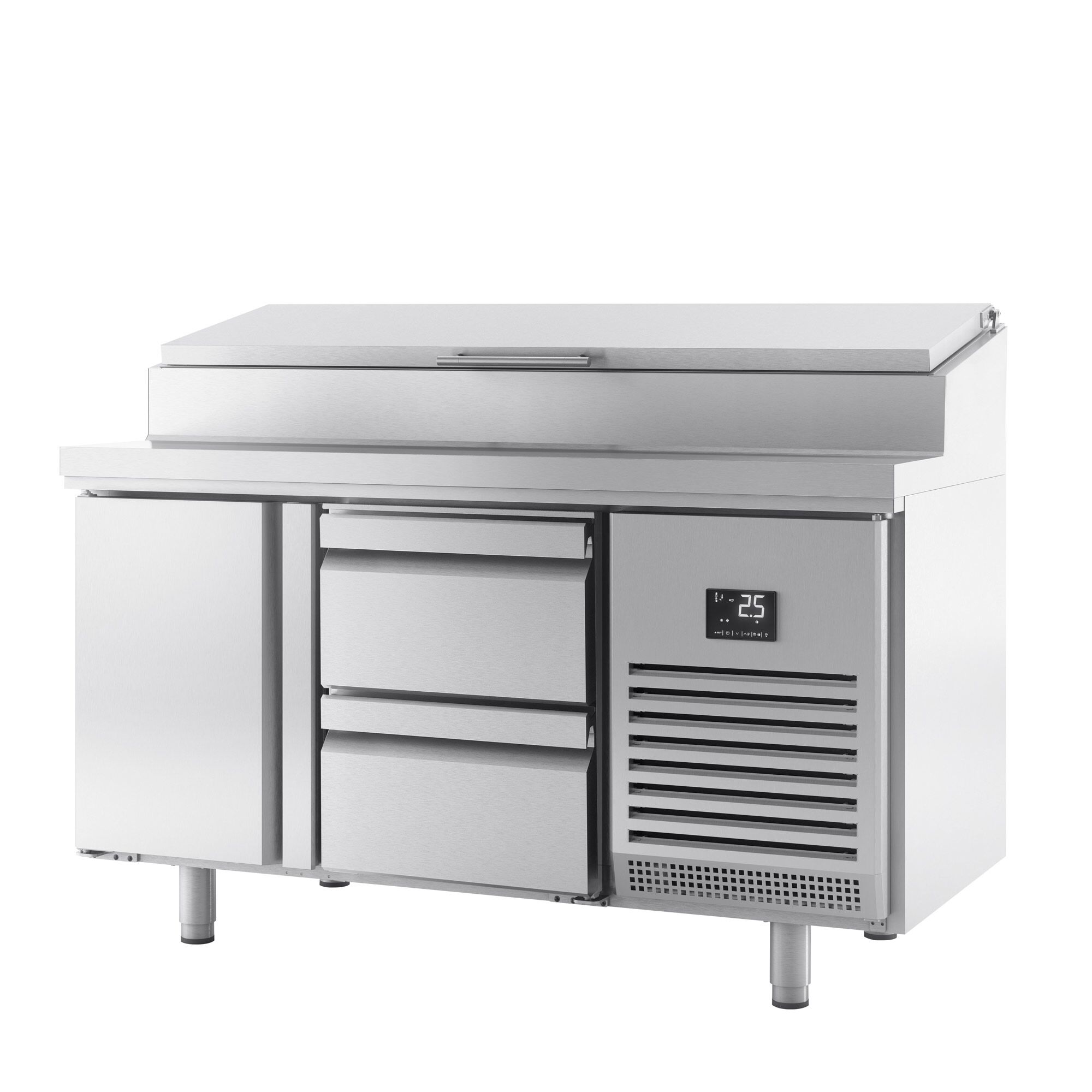 Table réfrigérée de préparation - 1468 x 600 mm - avec 1 porte et 2 tiroirs - avec superstructure en inox 8 x GN 1/4