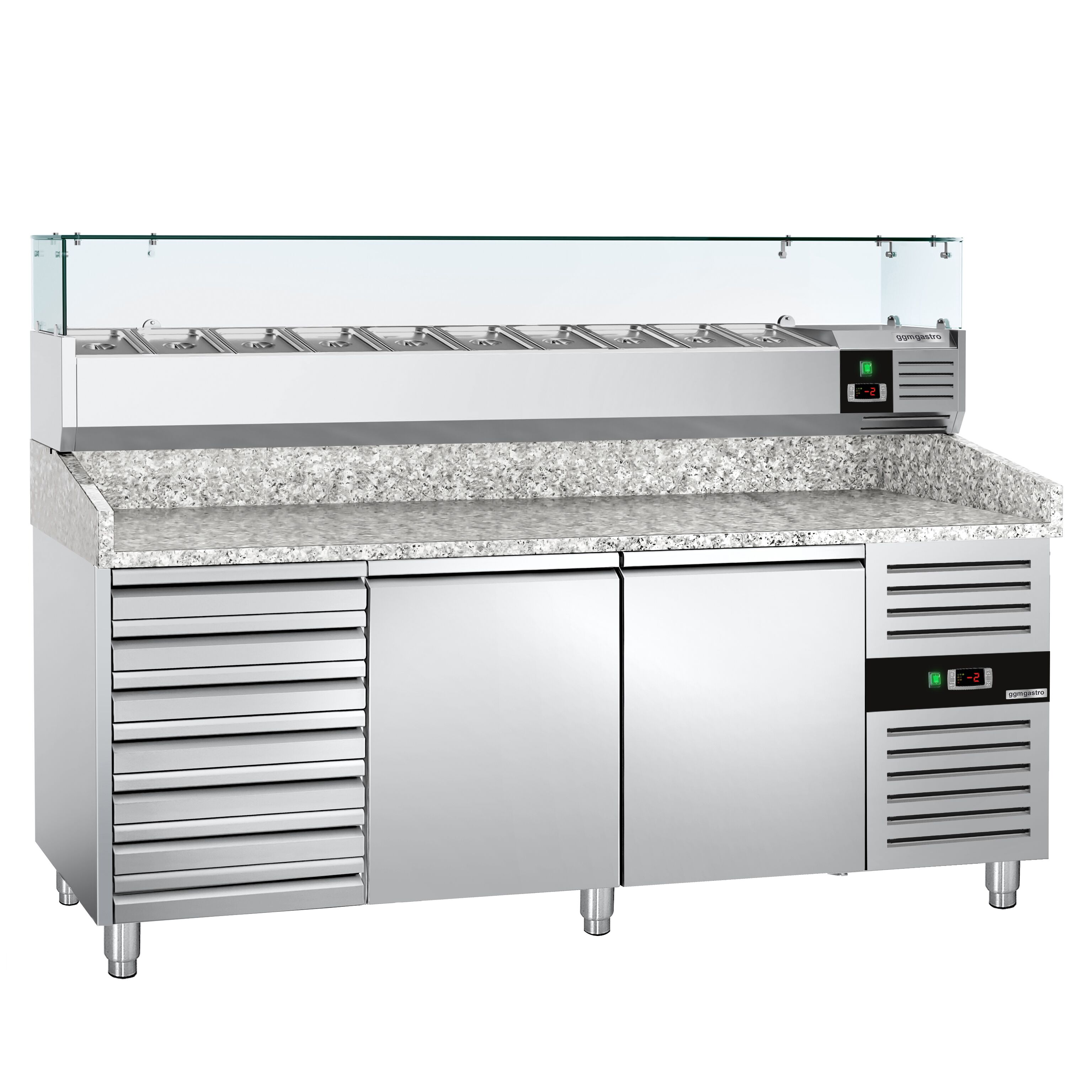 Table réfrigérée à pizza ECO - 2000 x 800 mm - avec 2 portes et 7 tiroirs - incl. vitrine réfrigérée - 9 x GN 1/3