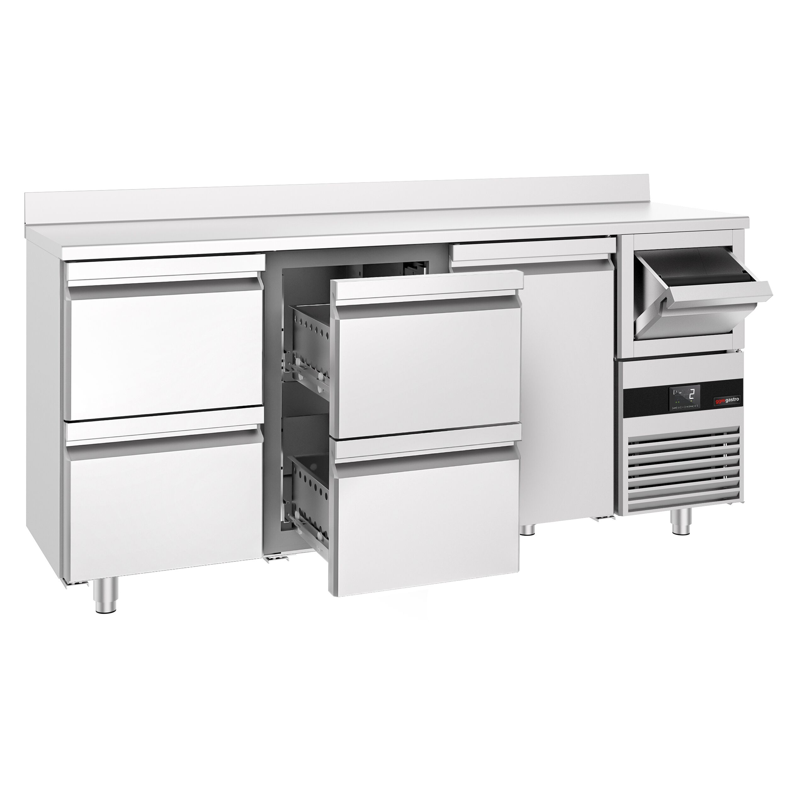 Arrière-bar réfrigéré professionnel  PREMIUM - 2130 x 600 mm - avec 1 porte et 4 tiroirs - avec dosseret - avec tiroir à marc de café