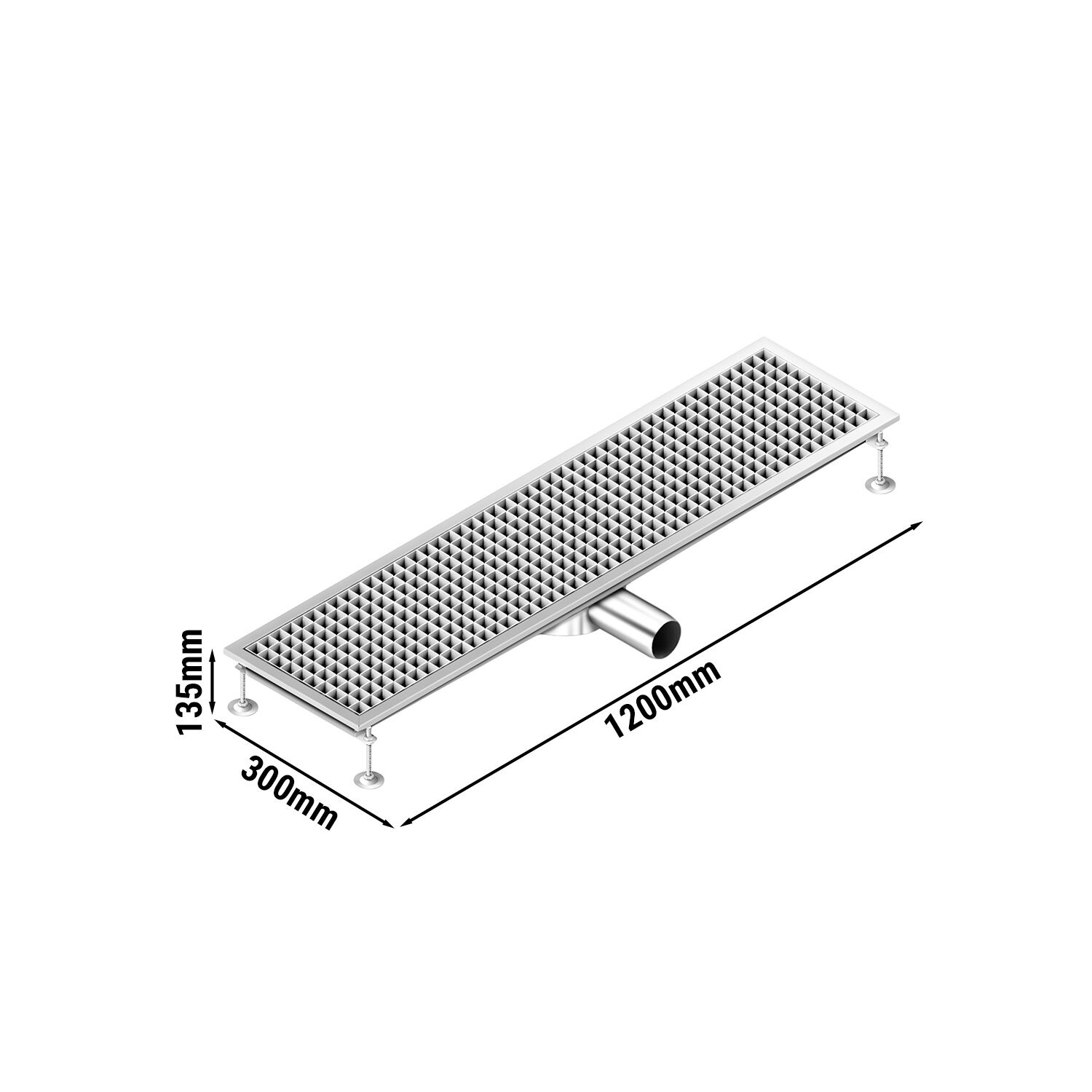 Caniveau de sol en acier inoxydable - 1200x300mm - sortie horizontale Ø70mm - avec caillebotis